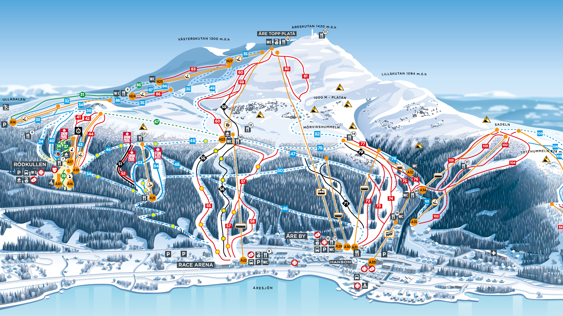 Karta över Åre skidort som visar olika skidbackar och liftar, inklusive Rödullen, Ullådalen och Åreskutan. Visar områden för skidåkning samt toppar som Åreskutan och Lillskutan. Klara färgkodningar för olika svårighetsgrader av backar