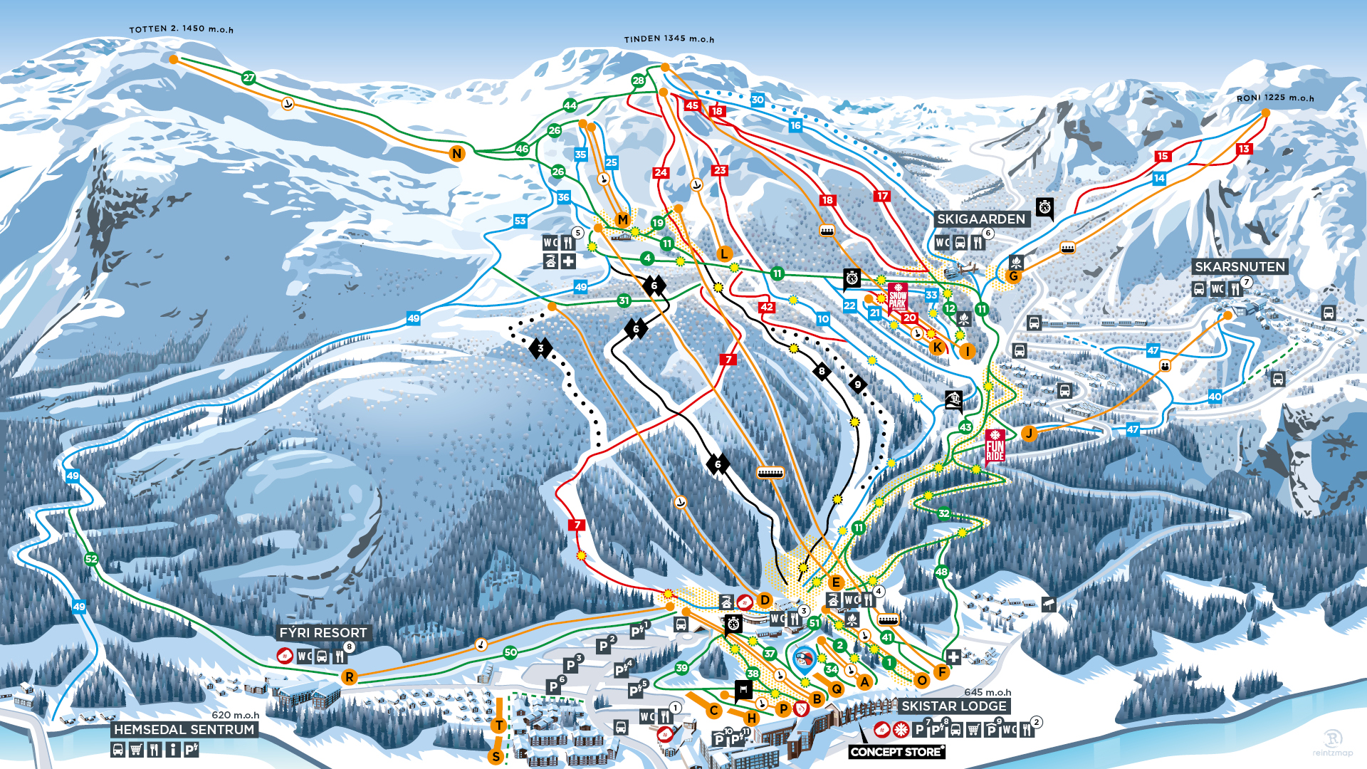 Karta över Hemsedal skidanläggning med markerade skidbackar i olika svårighetsgrader, liftsystem och faciliteter