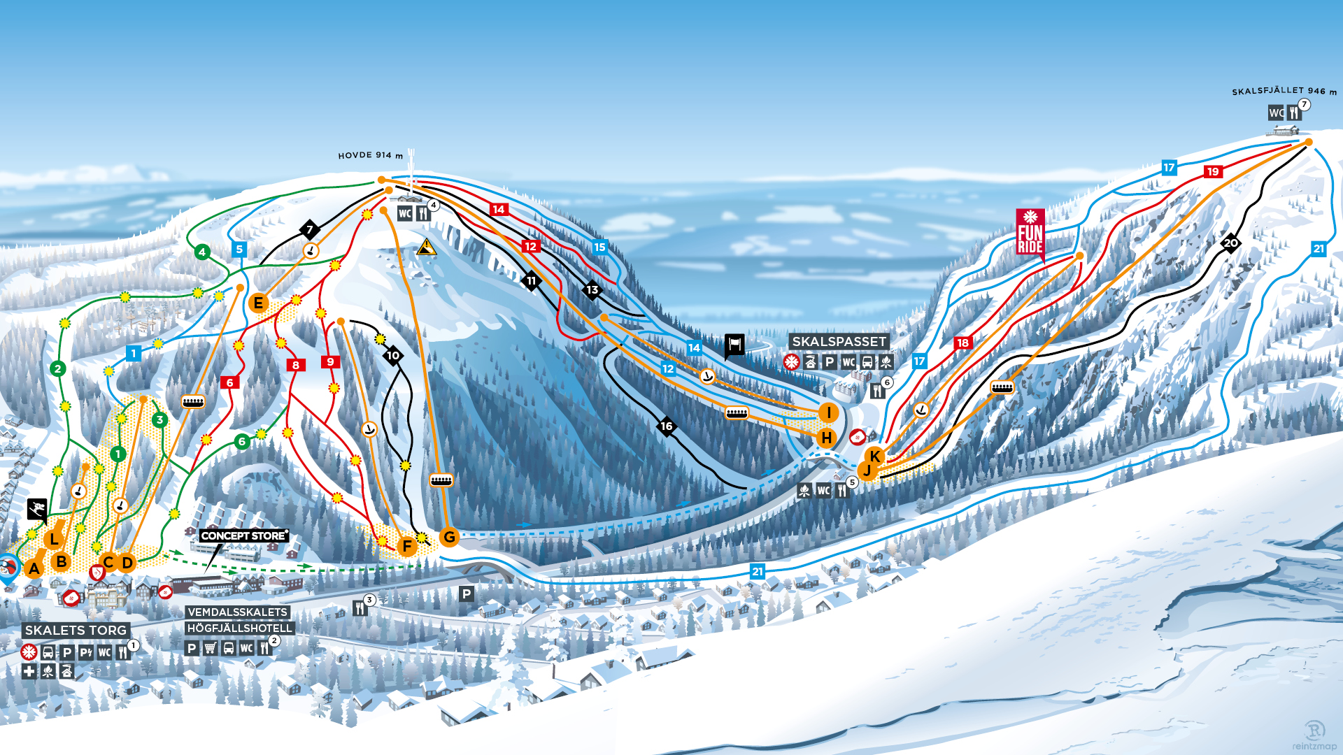 Pistkarta över Vemdalen med markerade skidliftar, nedfarter och bekvämligheter, inklusive områden som Skalet Torg och Skalspasset. Karta visar olika svårighetsgrader på nedfarterna med färgkodning