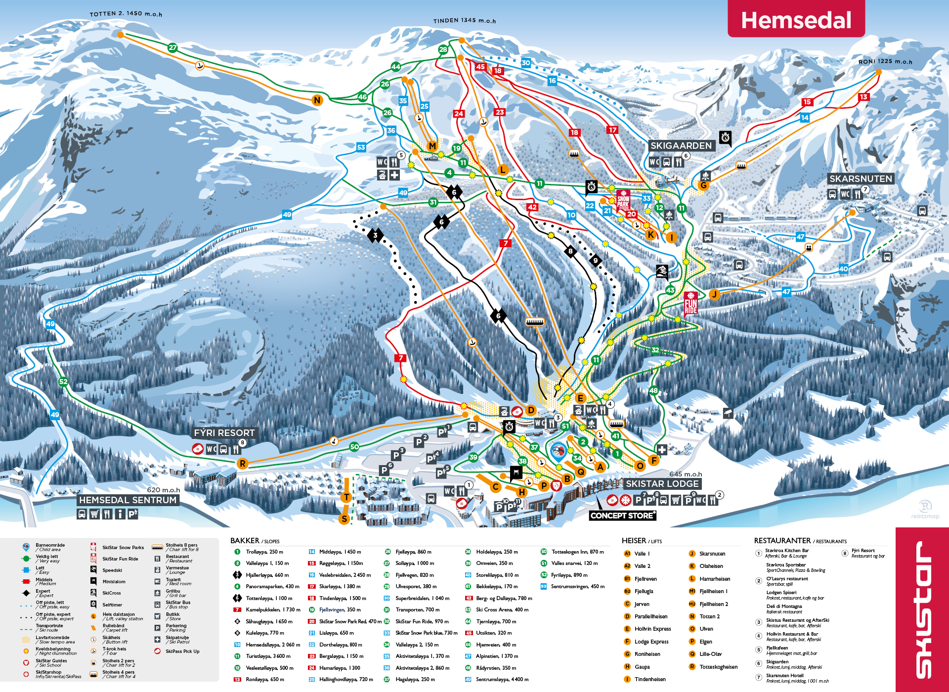 Karta över skidområdet Hemsedal i Norge, som visar pister, liftar och faciliteter. Skidbackarna är markerade i olika färger för olika svårighetsgrader. Anpassad för vinterturism och skidåkning