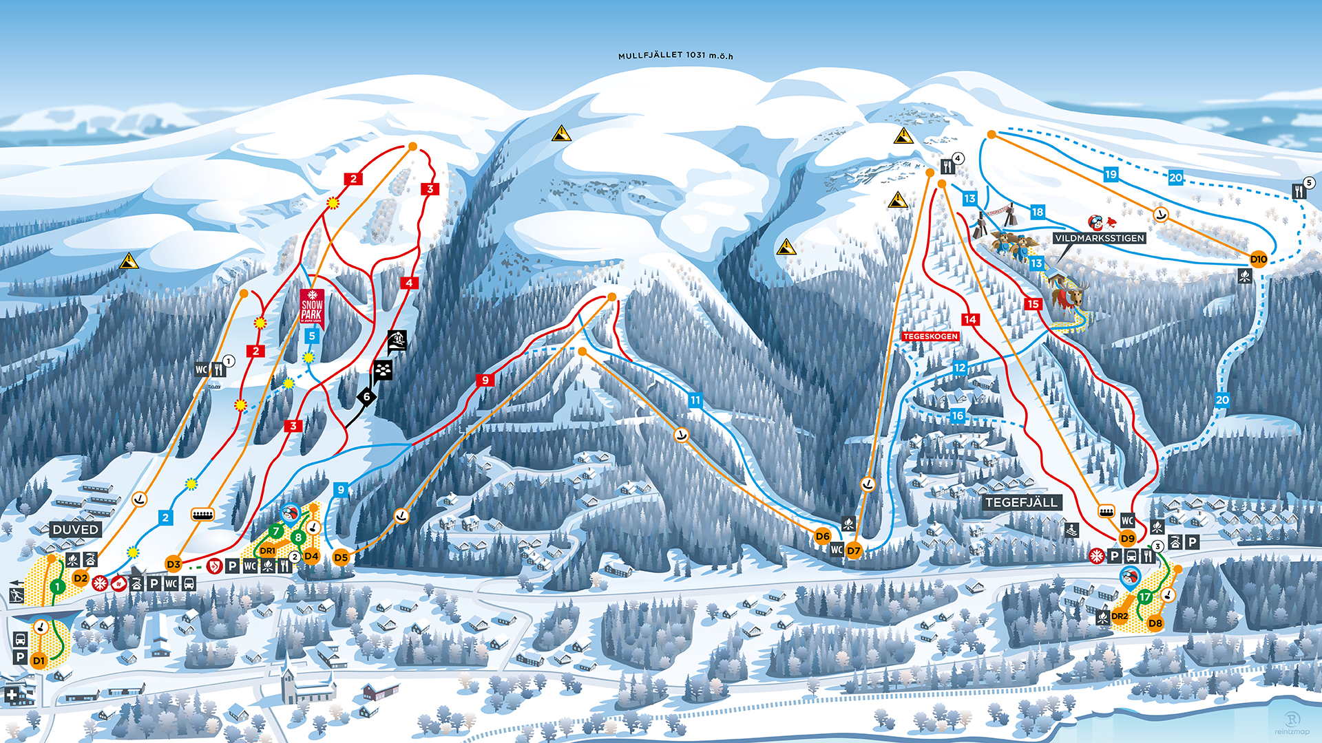 Ski trail map of Duved and Tegefjäll in Åre, Sweden, showcasing various ski runs, lifts, and facilities. The map highlights trails with different difficulty levels, including symbols for ski lifts, rest areas, and ski parks, set against a snowy mountain backdrop