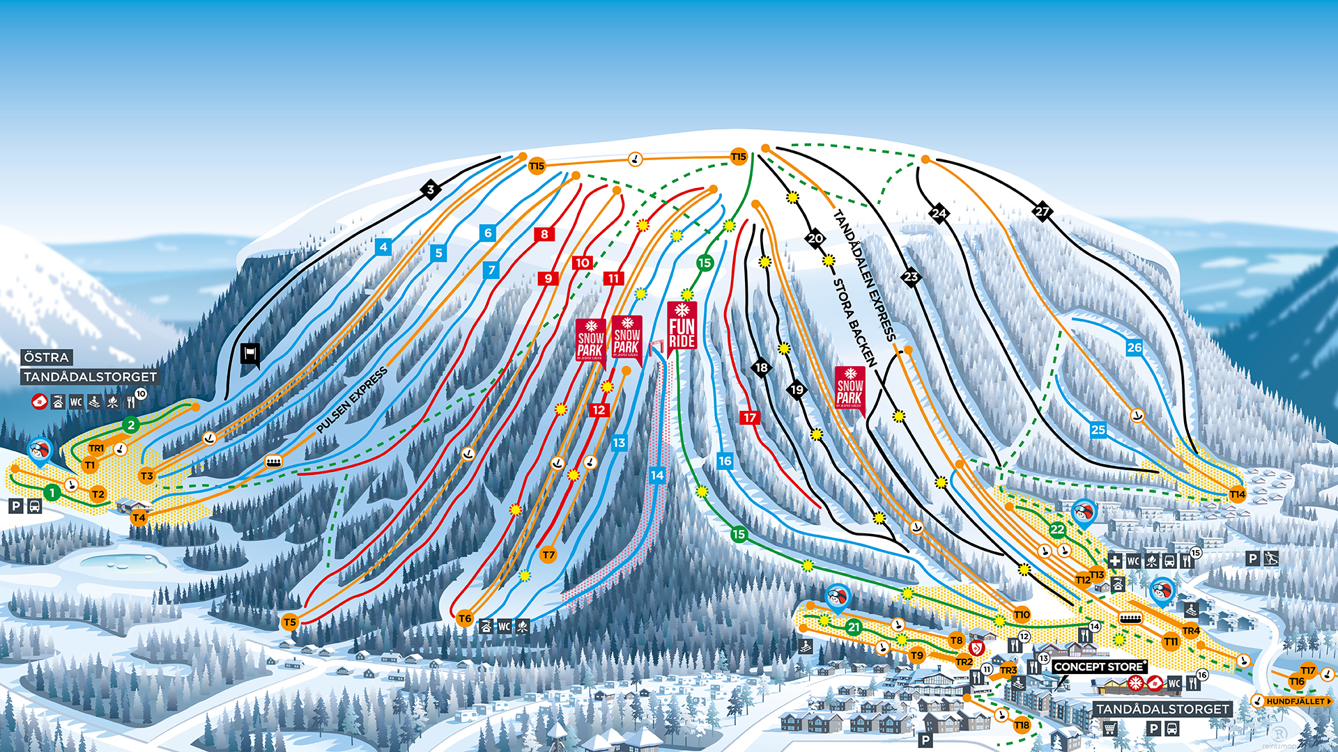 Pistkarta över Tandådalen med pister, liftar samt Fun Ride och Snow Park