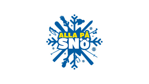 Logotyp för "Alla på Snö" i form av en blå snöflinga med vintersportikoner och texten "Alla på Snö" i gult och vitt
