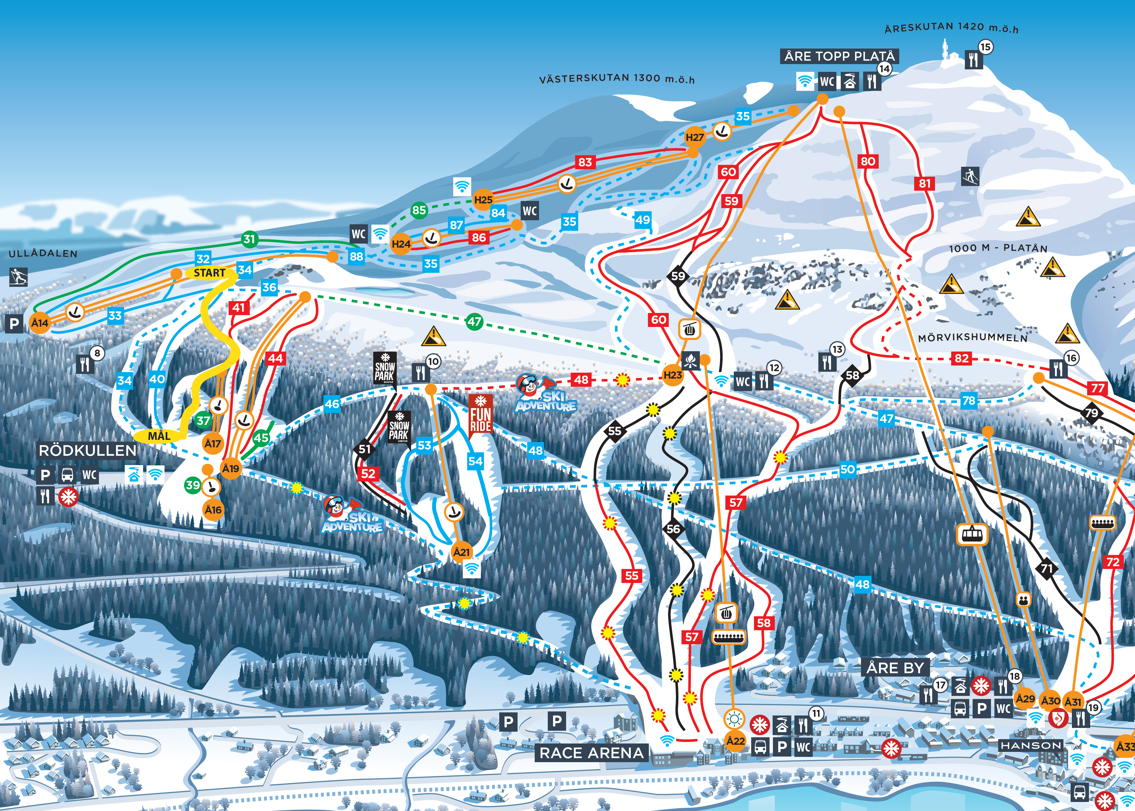 Karta över skidbackar och liftar i Åre, Sverige, som visar olika svårighetsgrader och områden såsom Rödkullen och Åre by
