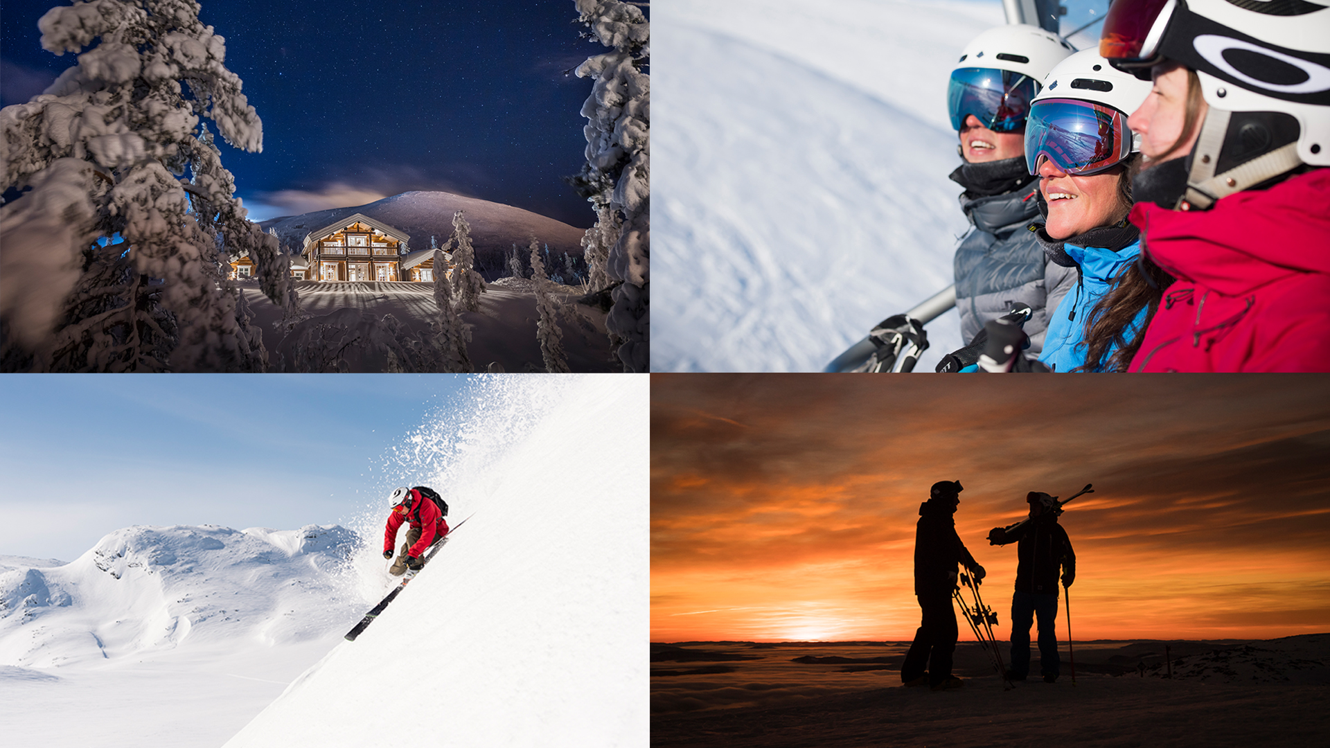 Vy av vinterlandskap med stuga under stjärnklar himmel, glada skidåkare i grupp, skidåkare i action på snötäckt berg, och siluetter mot solnedgång. Perfekt för skidsemester och vinteräventyr i Sverige