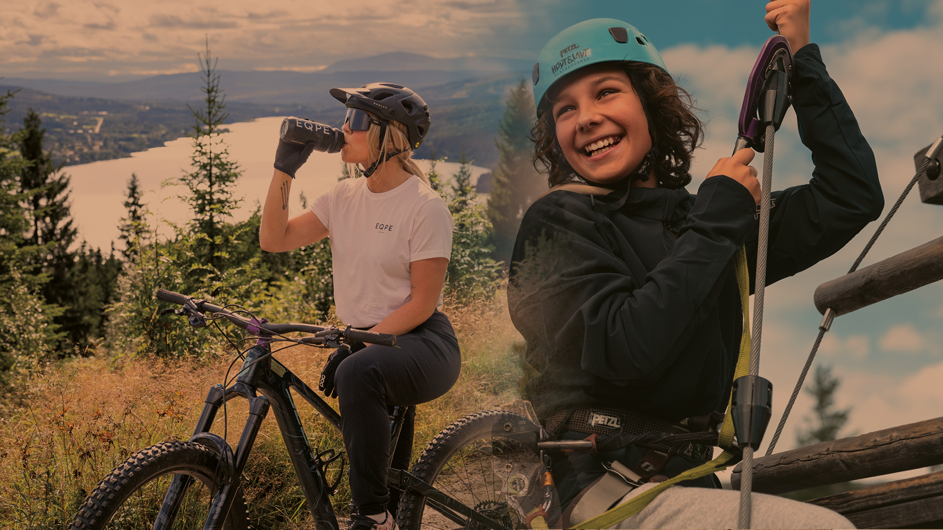Kvinna cyklar i skogen med hjälm och dricker ur flaska, bredvid ung person som klättrar på rep med klättersele, mot bakgrund av skog och sjölandskap i fjärran