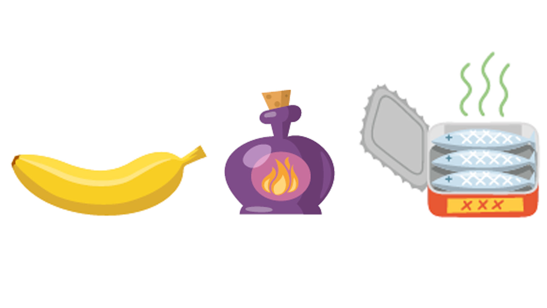 Banan, lilla flaske med ild-ikon og en åpen hermetikkboks med damp