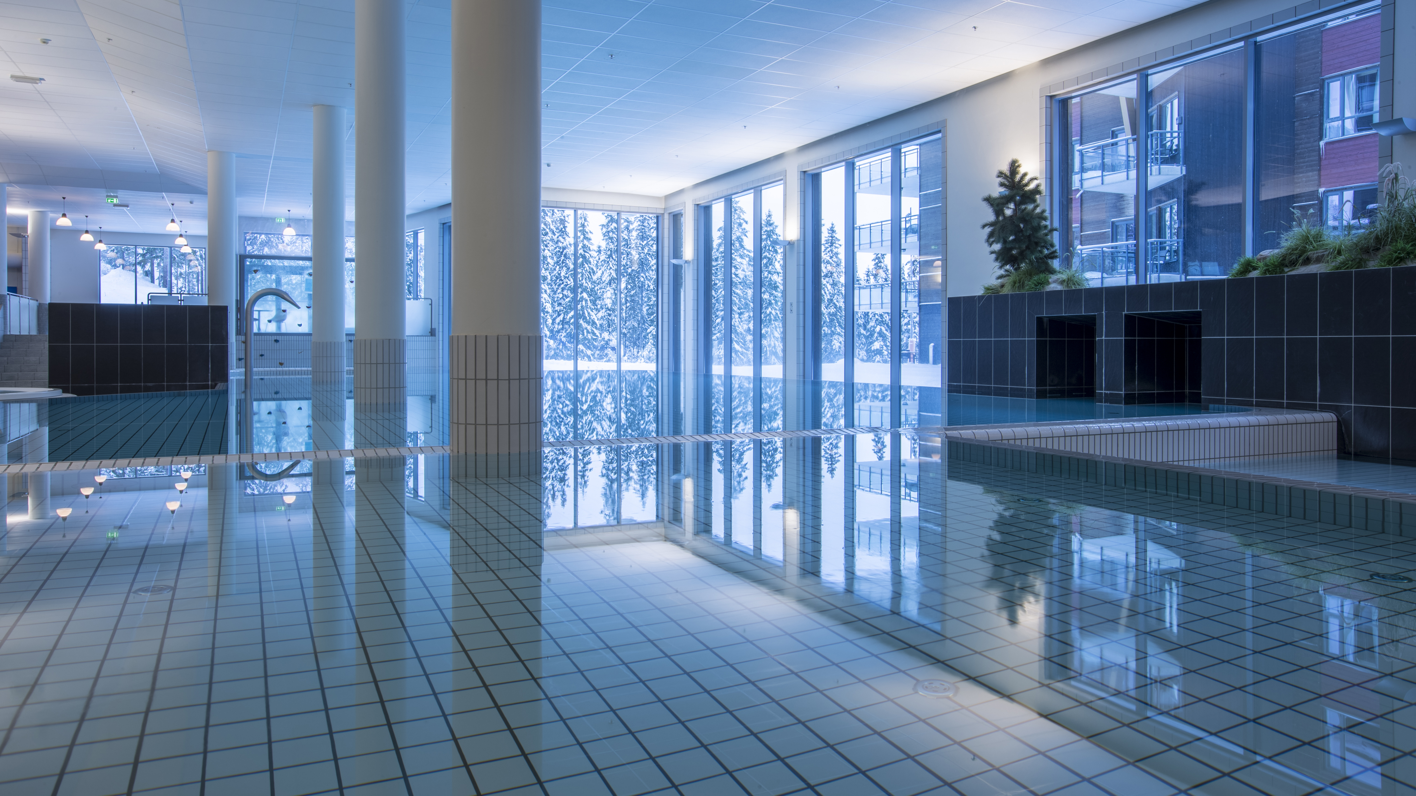 Inomhuspool med stora fönster och utsikt över snötäckta träd, modern simhall