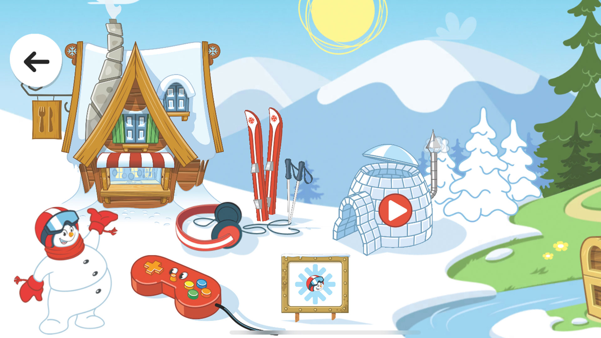 Tegning af vinterlandskab med en snemand iført hjelm, en træhytte, ski og stave, et iglo med en play-knap samt sneklædte træer og bjerge i baggrunden