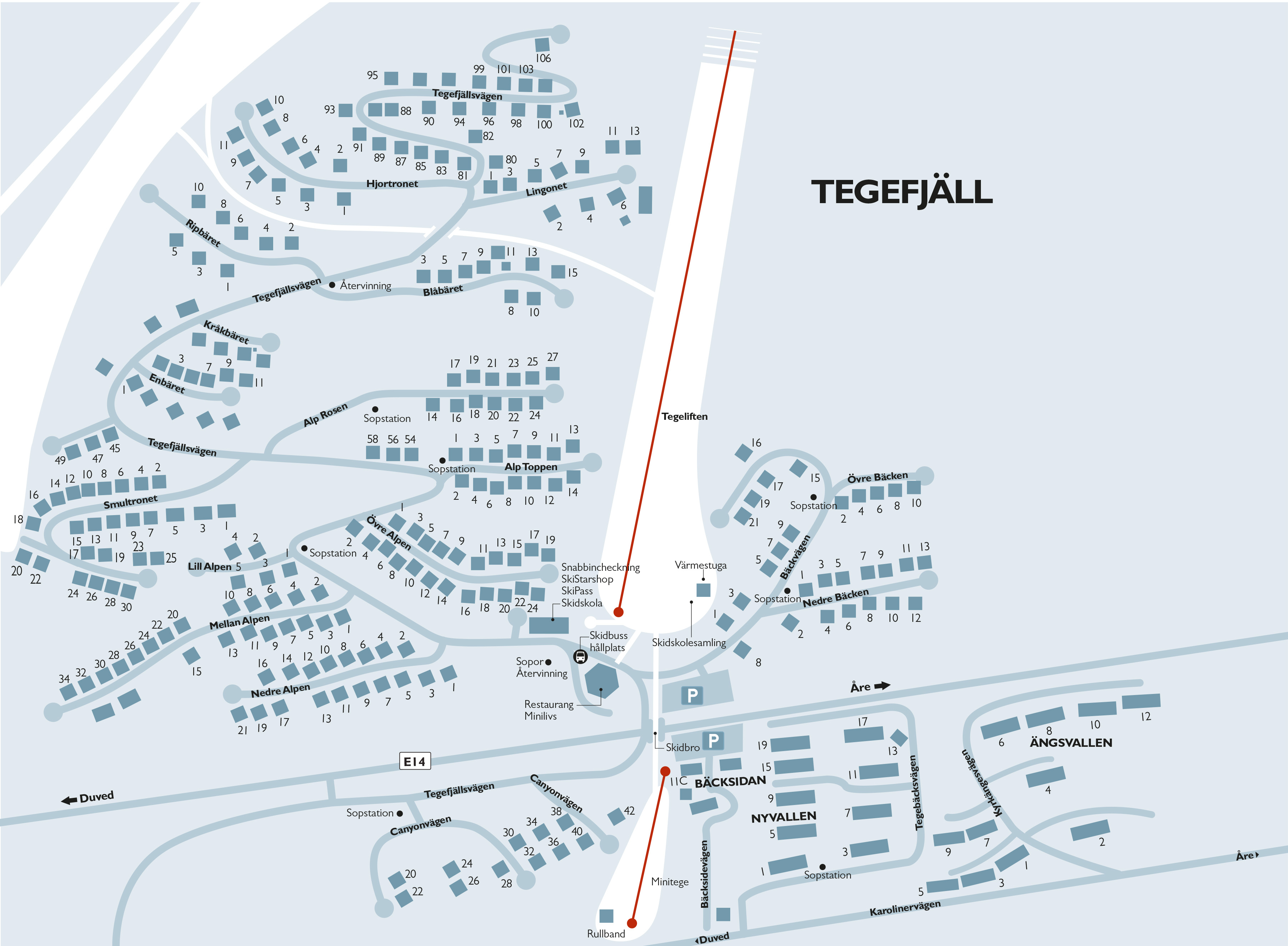 Map of the Tegefjäll area in Åre, showing streets, house numbers, and facilities such as waste stations, ski rental, warming hut, and ski lifts. Roads like Tegefjällsvägen and Kråkbärsvägen are marked