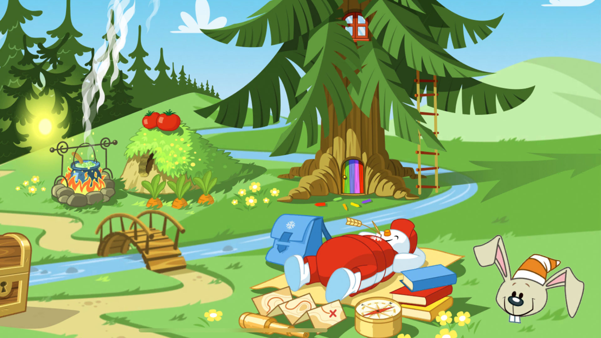 Tegnet skovscene med en stor træhule, farverig dør, sovende figur med rød hue, kanin i forgrund og kogende gryde over ild i baggrund