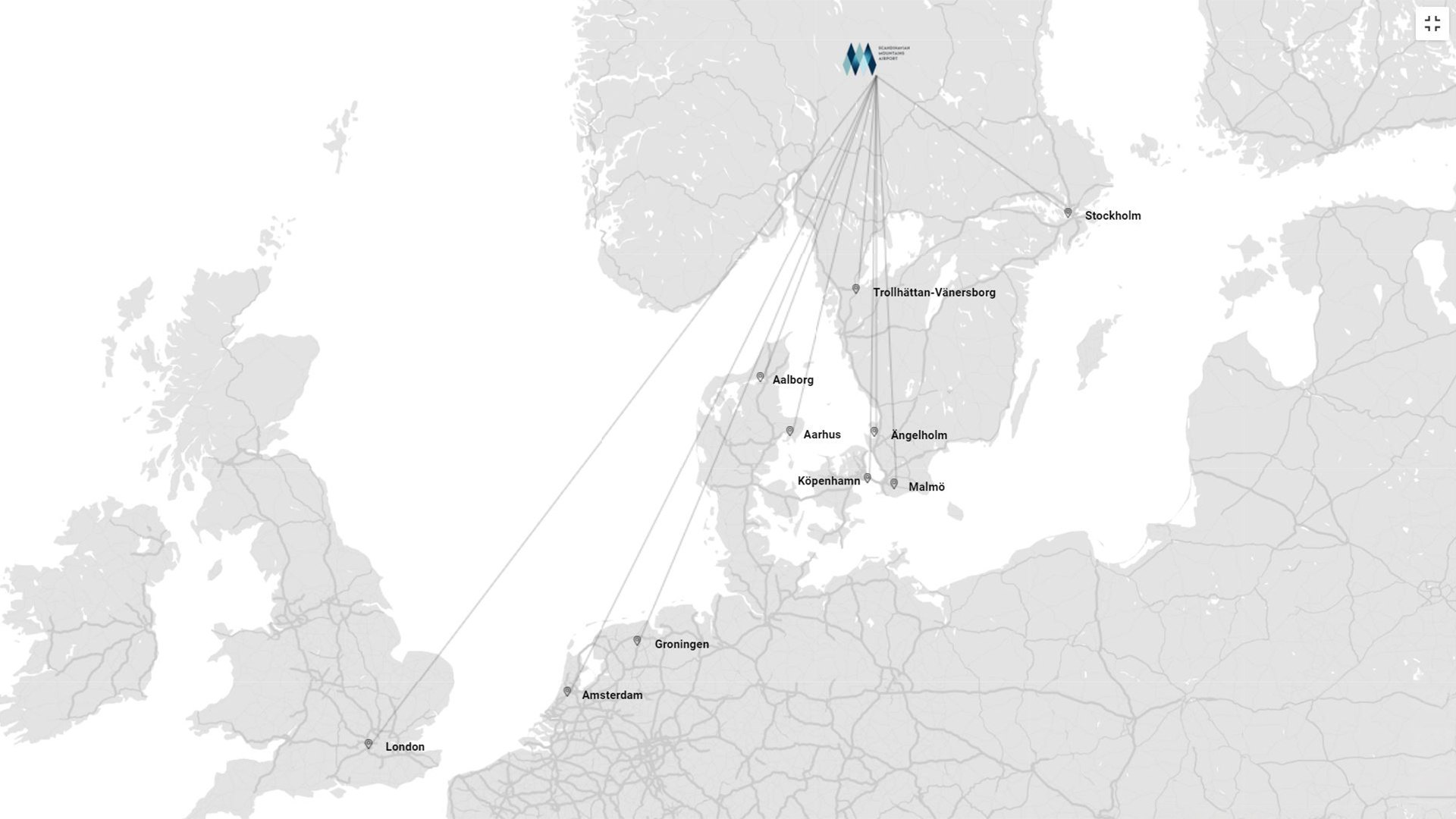 Karta över Europa som visar geografiska linjer från Stockholm till flera städer inklusive Trollhättan-Vänersborg, Ängelholm, Malmö, Köpenhamn, Aarhus, Aalborg, Groningen, Amsterdam och London
