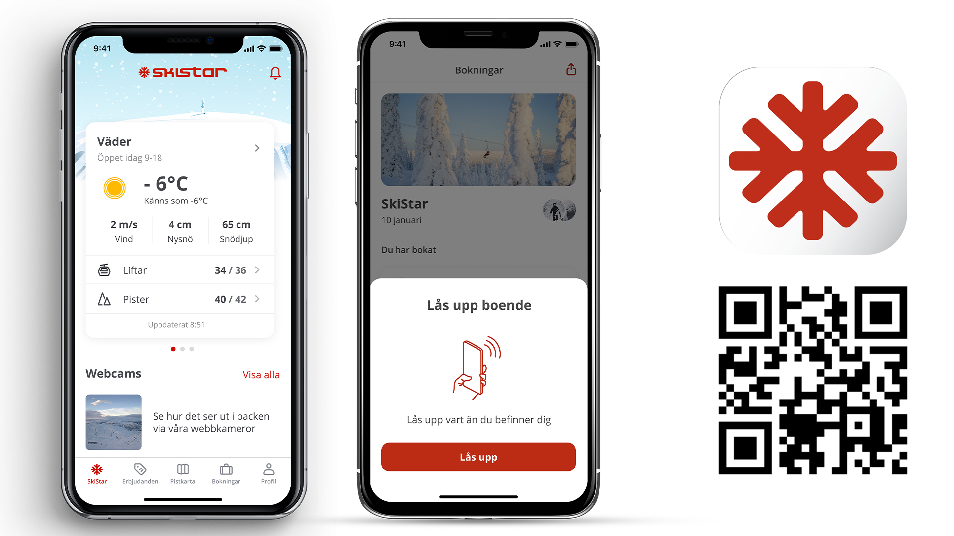 Skærmbilleder fra SkiStar-appen, der viser vejrinformation, pistestatus og bookingmuligheder, med appens logo og en QR-kode