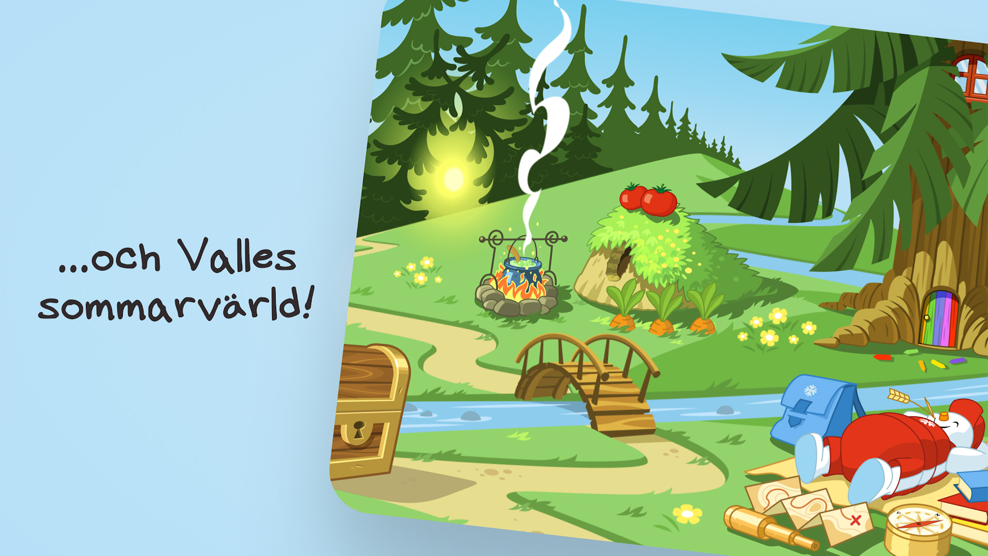 Illustration af Valles sommersverden med et lejrbål, grønne bakker, en lille bro over en bæk og en skattekiste