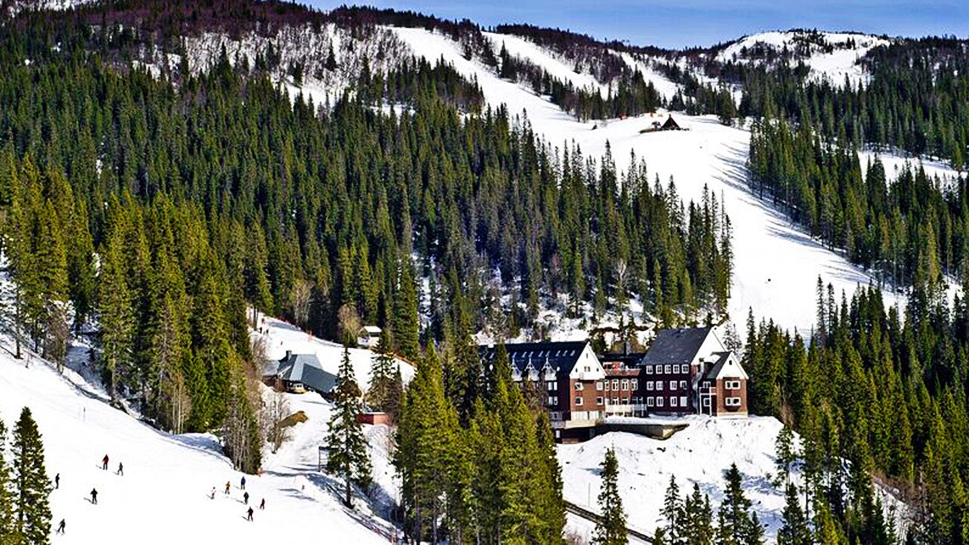 Skihotel umgeben von schneebedeckten Bergen und Wäldern