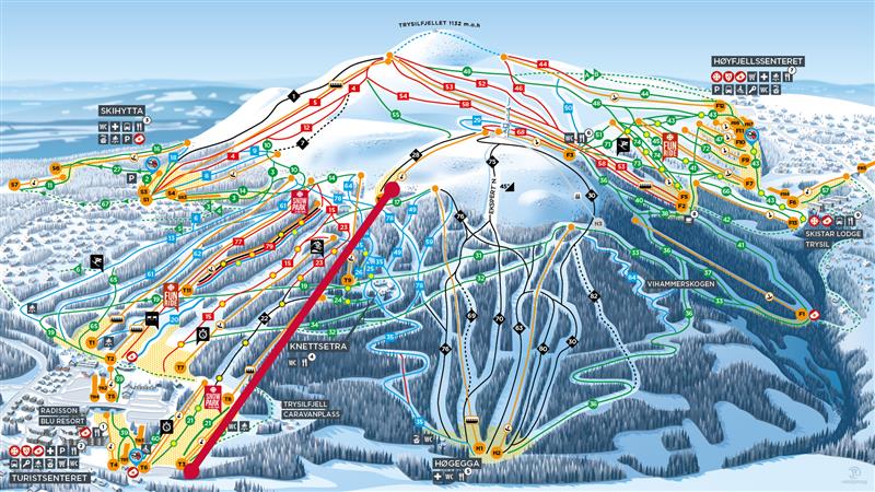 Karta över Trysilfjället skidområde i Norge med markerade skidbackar och liftar, inklusive svårighetsgrader och faciliteter, visar ett omfattande nätverk för alpint och längdskidåkning