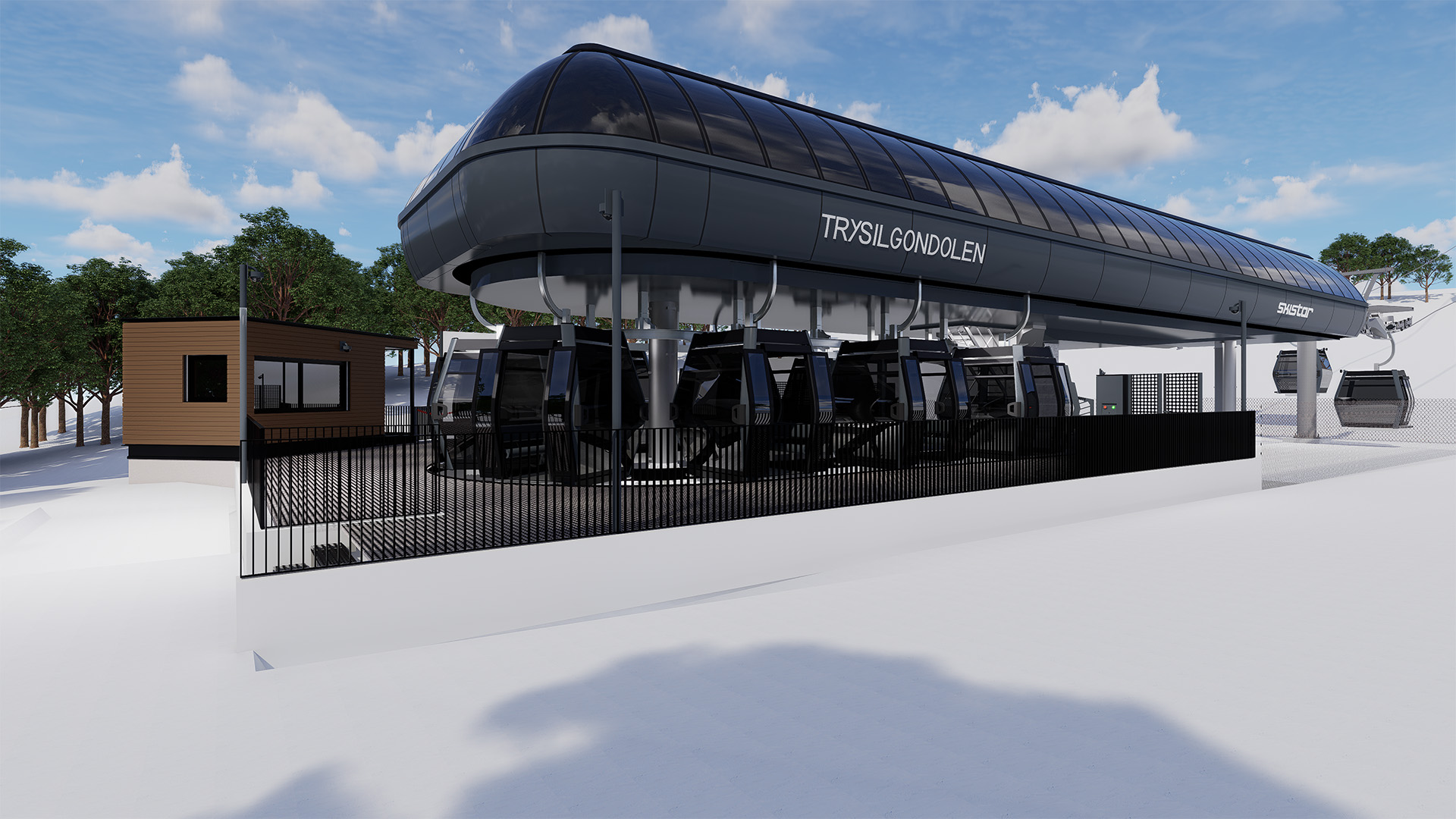 Modern gondolbana i Trysil med skyddande glasöverdrag, omgiven av snö och skog