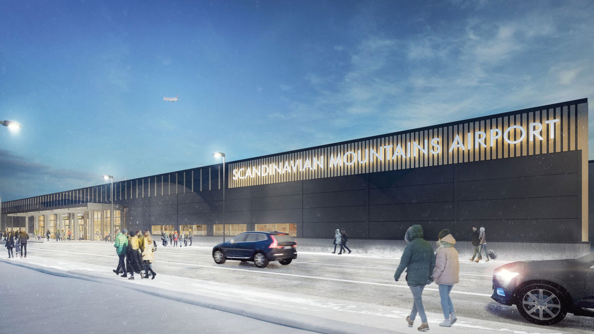 Scandinavian Mountains Airport-byggnad med snö på marken och människor som promenerar framför terminalen under en blå himmel