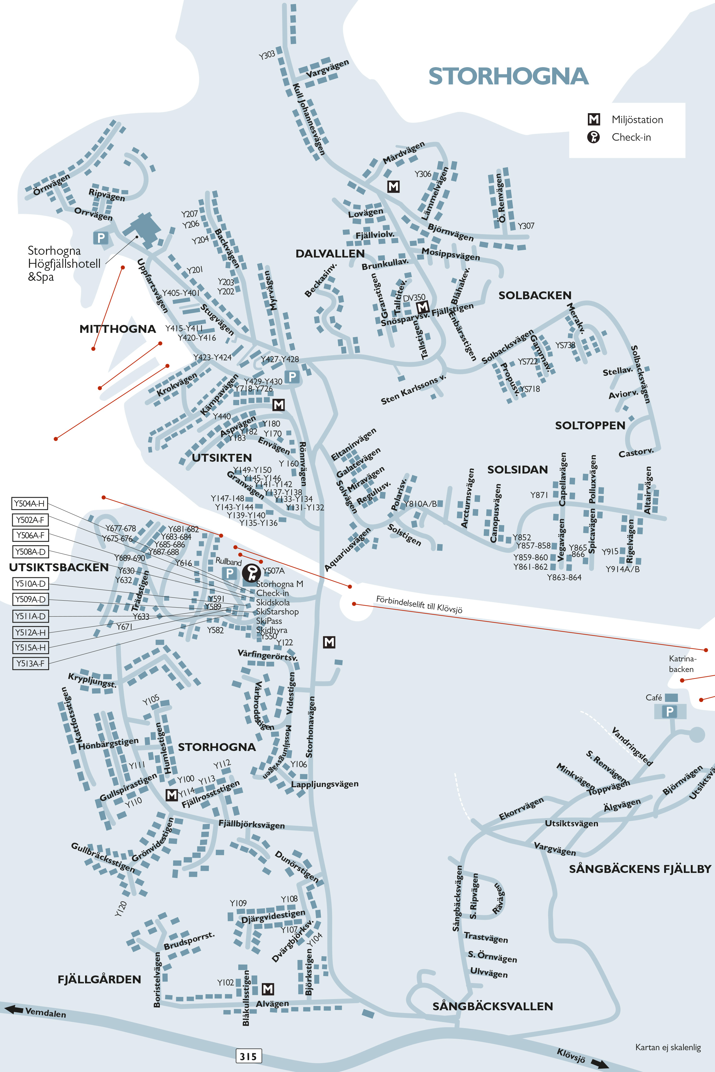 Map of Storhogna with roads, lodging markers, and places such as Dalvallen, Solbacken, and Fjällgården. Indicates recycling stations, check-in points, and connection to Klövsjö