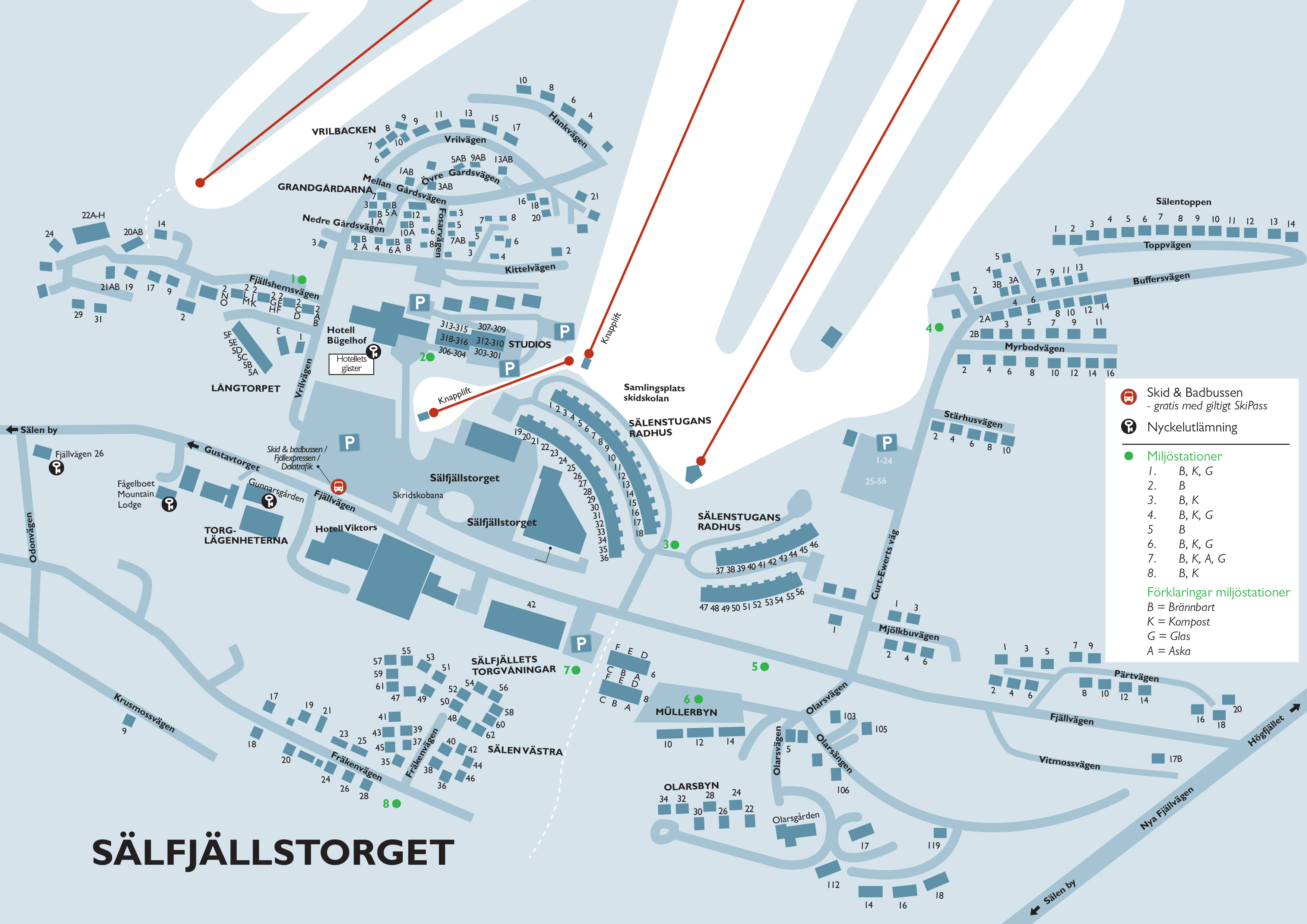 Map of Sälfjällstorget in Sälen with marked ski slopes, accommodation options, parking spaces, and recycling stations. Shows areas such as Sälfjällstorget, Vrilbacken, Grandgårdarna, and Torglägenheterna