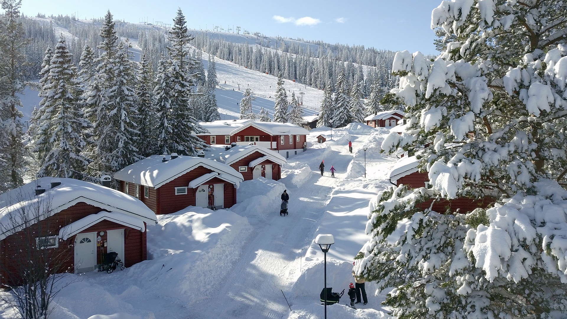 Fritidshus i snötäckt fjällmiljö med tallar och skidspår, under en klarblå himmel i Sverige