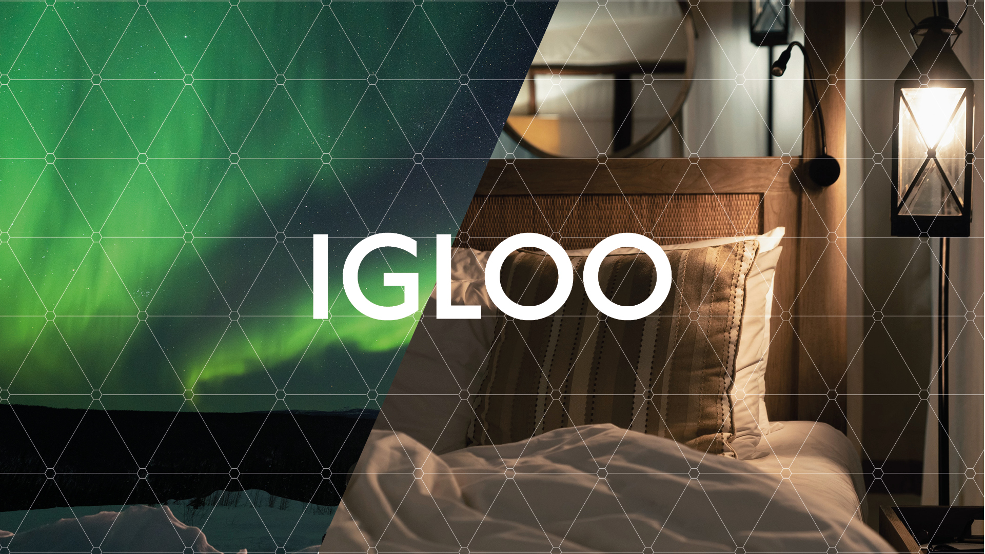 Nordlys över Lappland med texten "IGLOO" och inredning av ett mysigt sovrum med lanternor