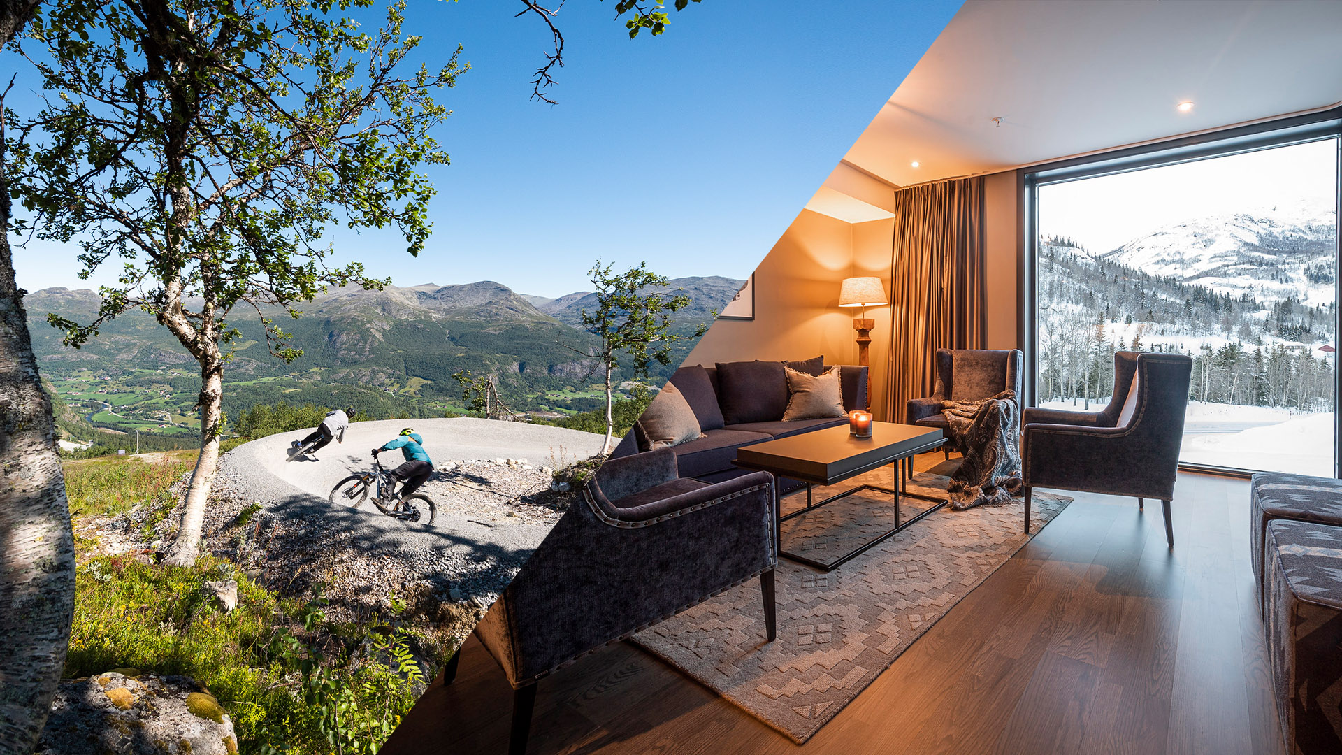 Cykla i bergen under sommaren och mys i en vinterstuga med utsikt över snöklädda landskap