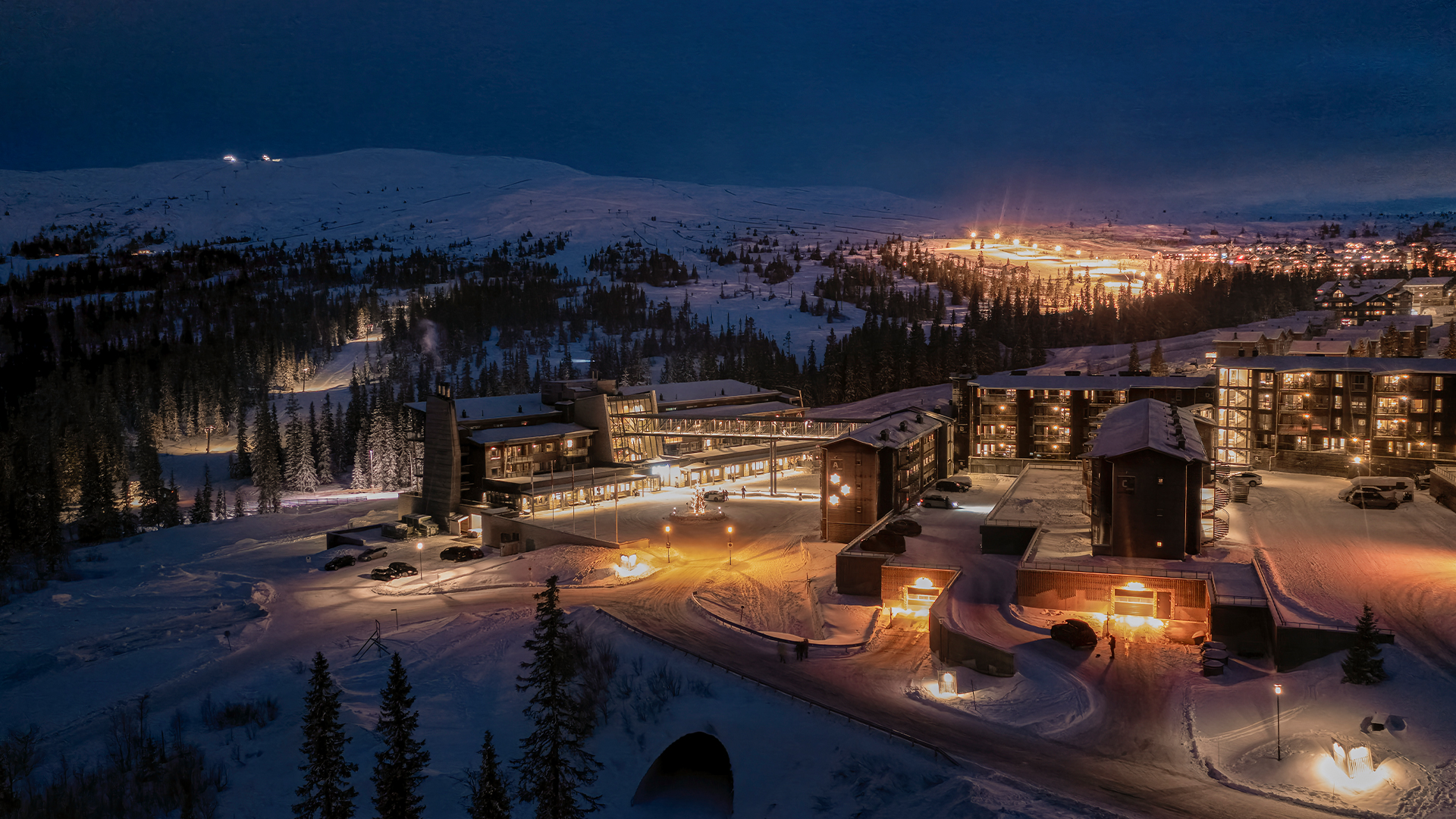 Nattvy över ett snötäckt fjällandskap med upplysta byggnader och skidliftar, omgiven av skog och stjärnklar himmel