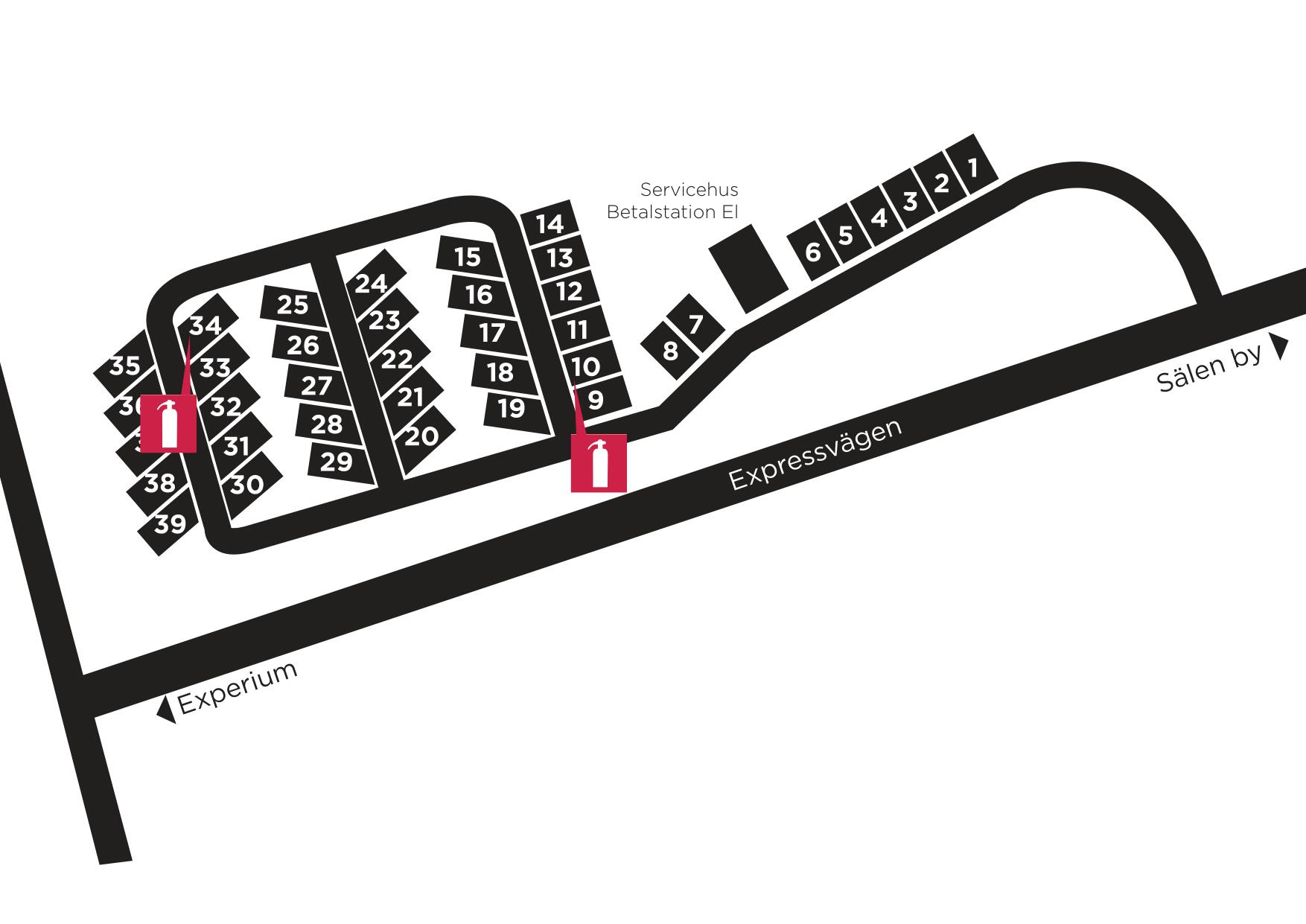 Karta över Sälens campingområde visar numererade tomter och vägar, inklusive Expressvägen och positioner för servicehus