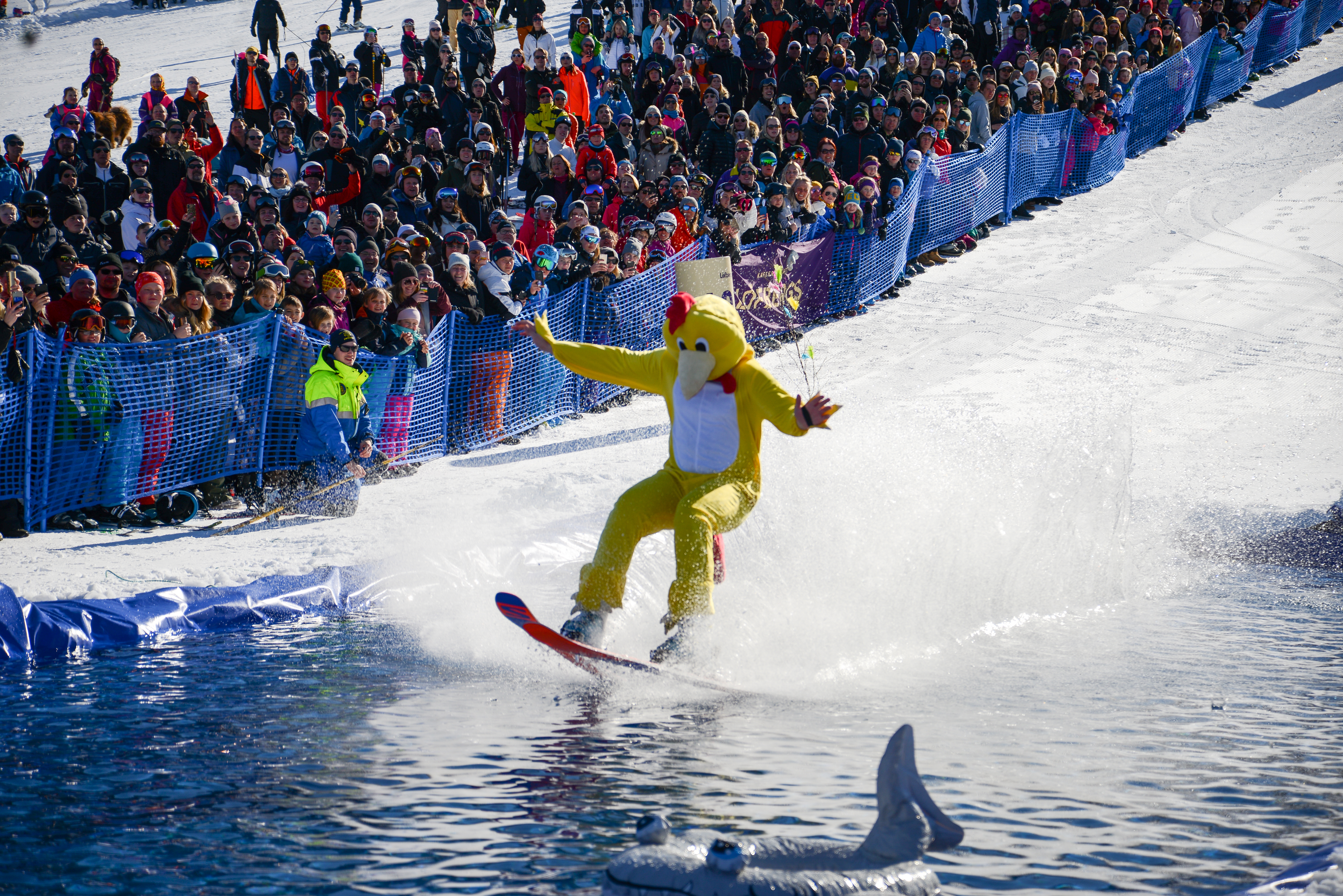 Person i kycklingdräkt åker skidor över en isig vattenpöl under ett skidevenemang på påsklovet, omgiven av stor publik på en snöig fjällbacke.