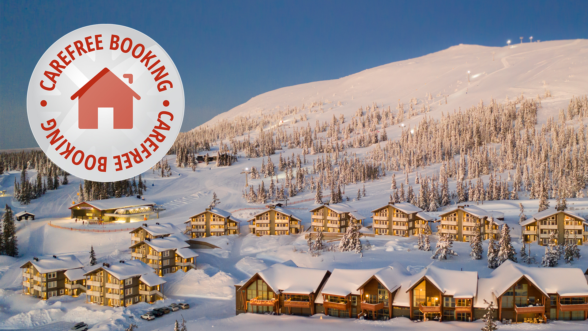 Snow-covered mountain cabins and ski resort in a winter landscape with the Carefree Booking logo