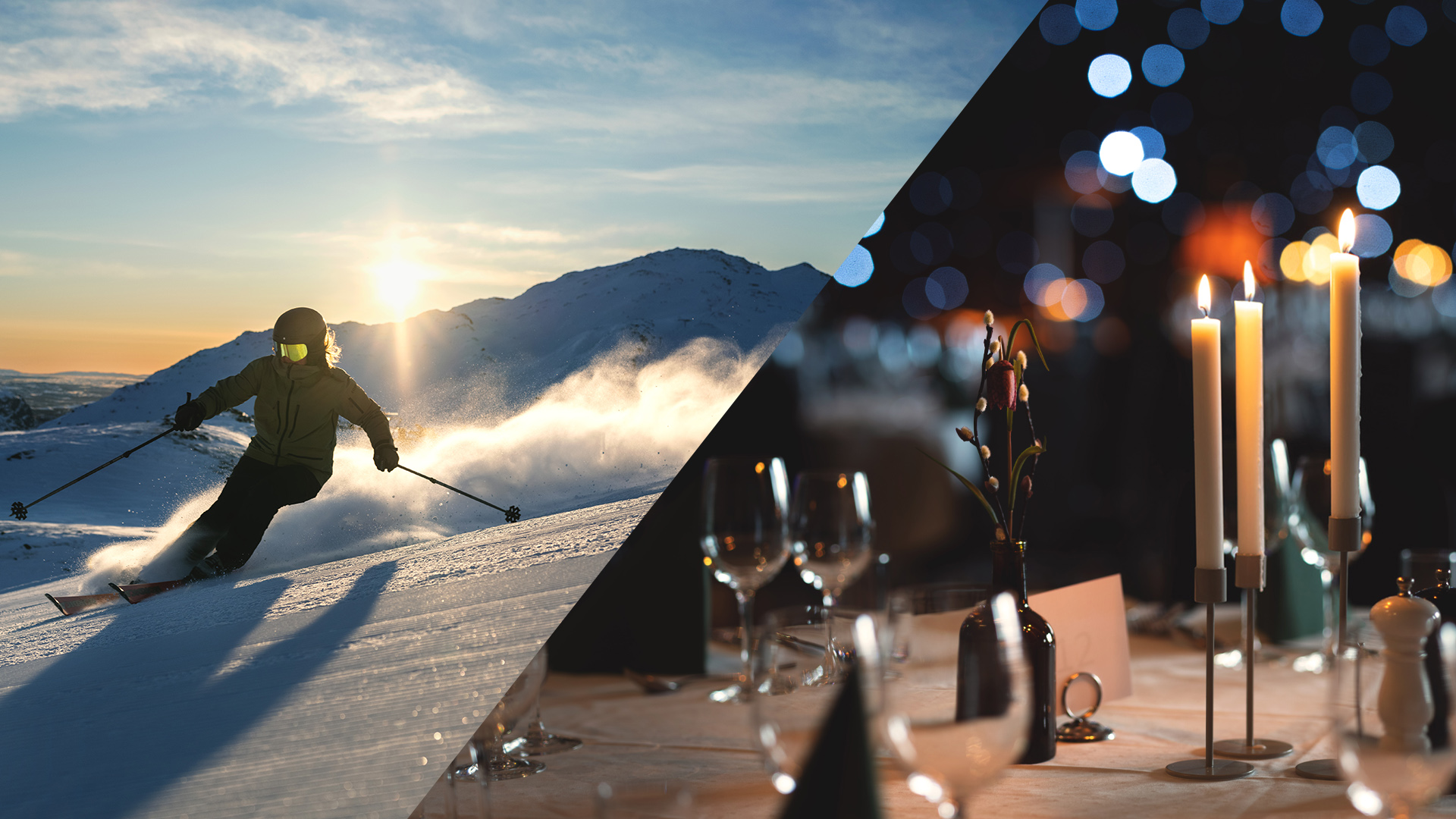 Skifahrer im Sonnenuntergang auf einem schneebedeckten Berg und ein elegant gedeckter Mittagstisch mit Kerzenlicht