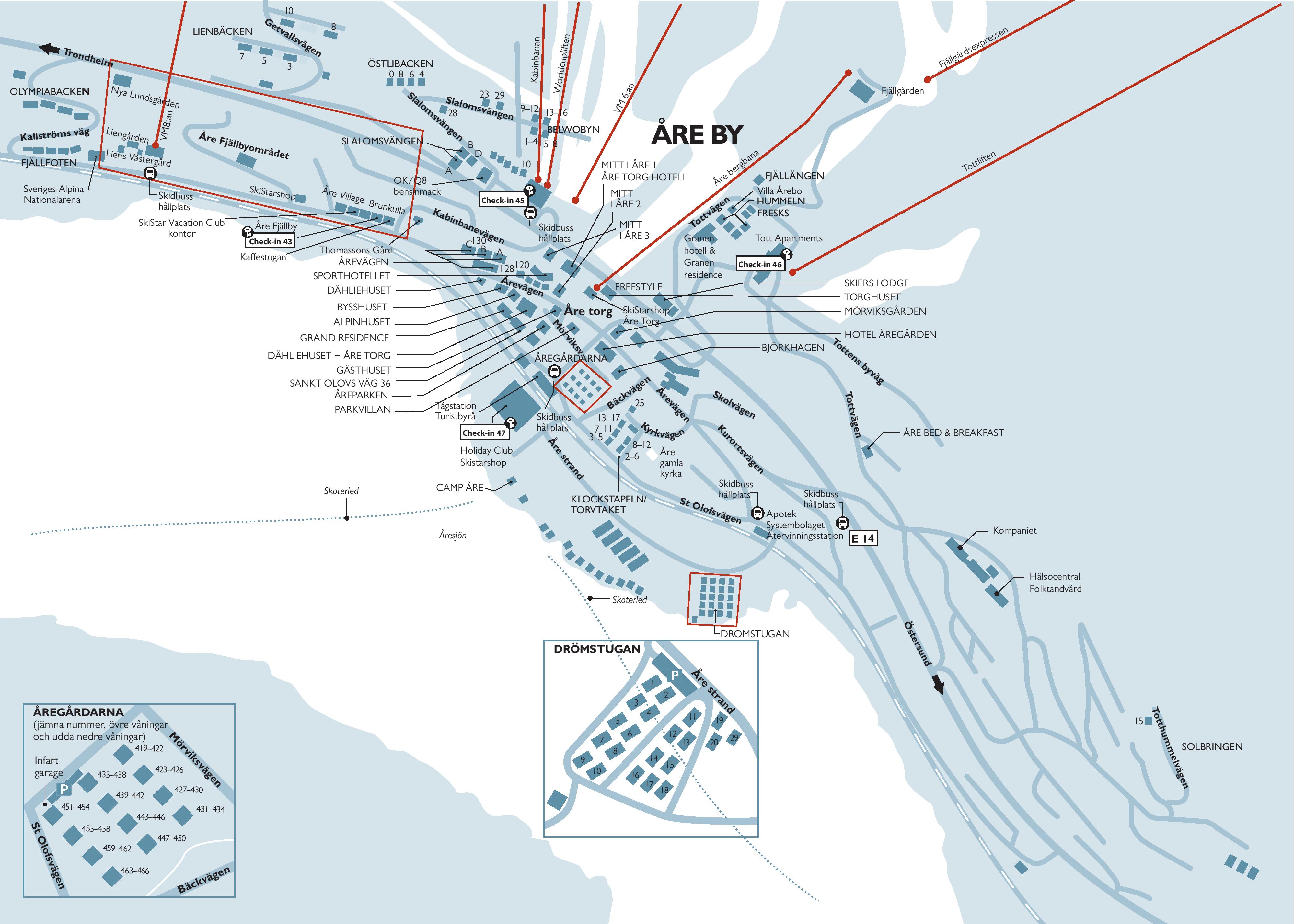 Map of Åre village with marked hotels, main roads, and ski routes. Includes areas such as Åre Fjällby, Åre Torg, and Åregårdarna. Ideal for visitors planning stays and transportation in the area