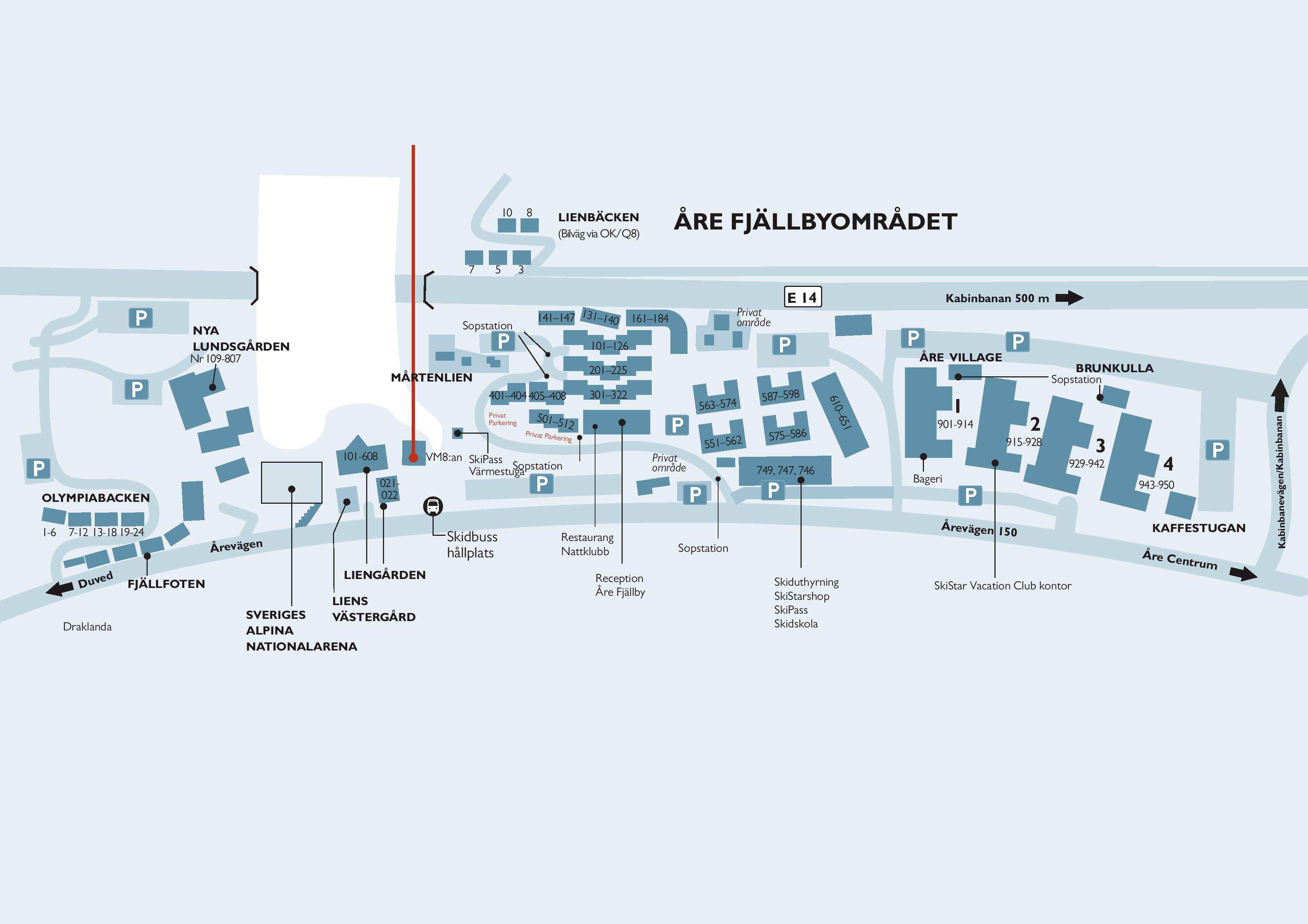 Map of the Åre Fjällby area with marked ski slopes, parking areas, and buildings like Mårtenslien and Olympiabacken. Show ski lift locations and facilities such as ski rentals, restaurants, and SkiStar Vacation Club