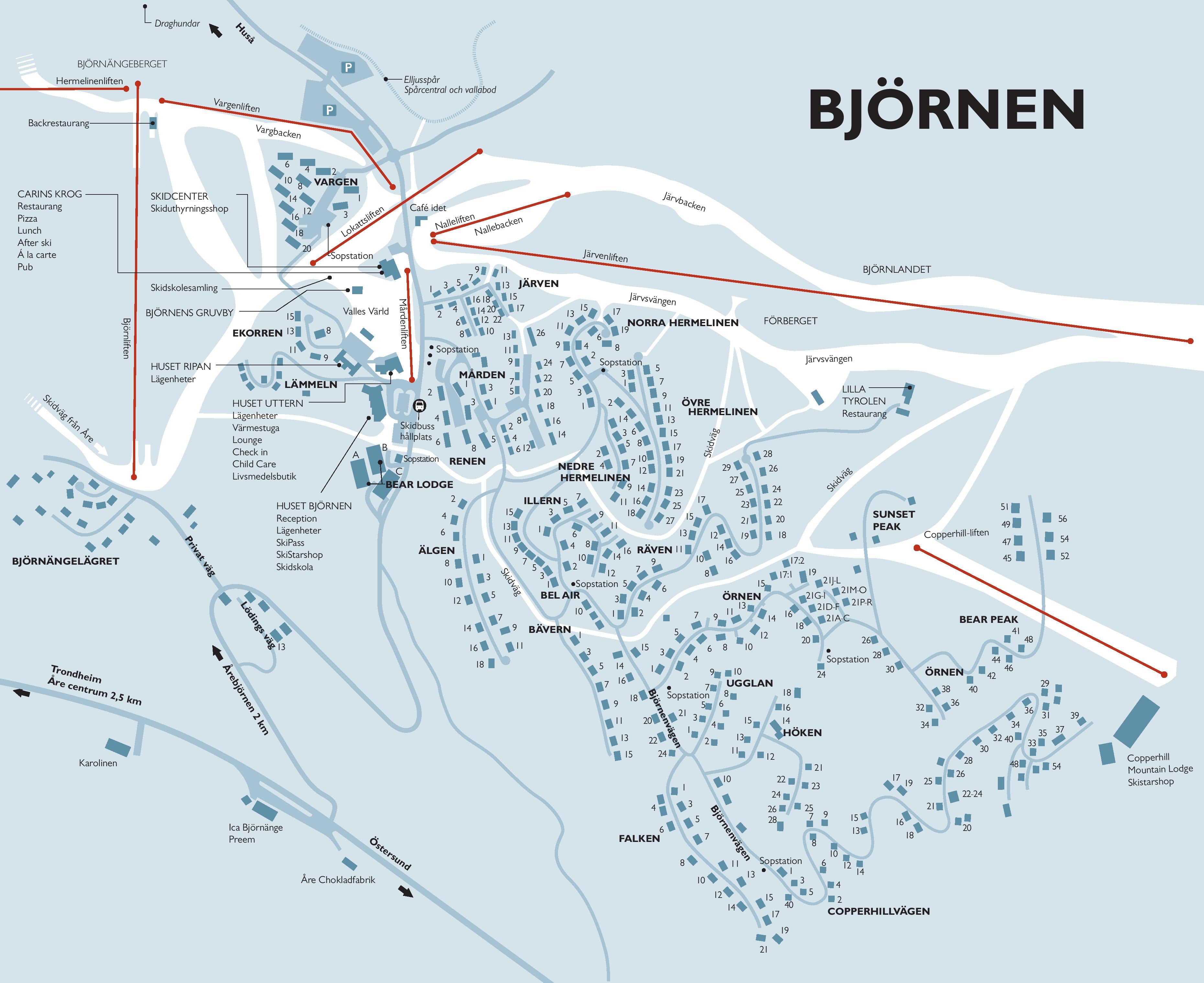 Map of Björnen in Åre with ski trails, lifts, and accommodation options marked. Ski center, dining places, and other facilities visible for visitors. Ideal for planning a ski vacation in the Åre area