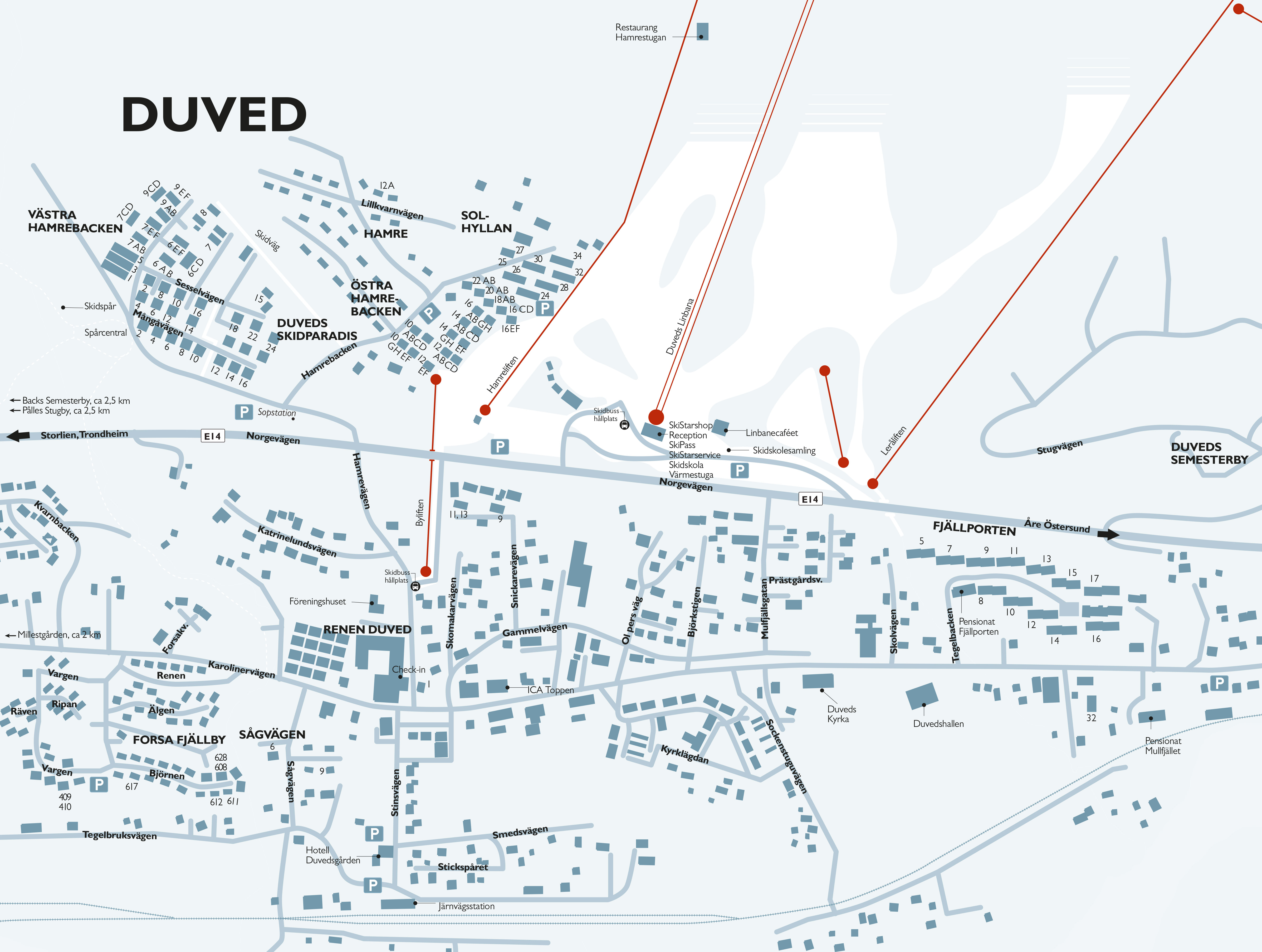 Map of the Duved ski area in Sweden, includes key locations such as Västra Hamrebacken, Östra Hamrebacken, Duveds Semesterby, and Renen Duved. Shows roads, parking areas, and ski lifts for better navigation and planning for skiers and visitors