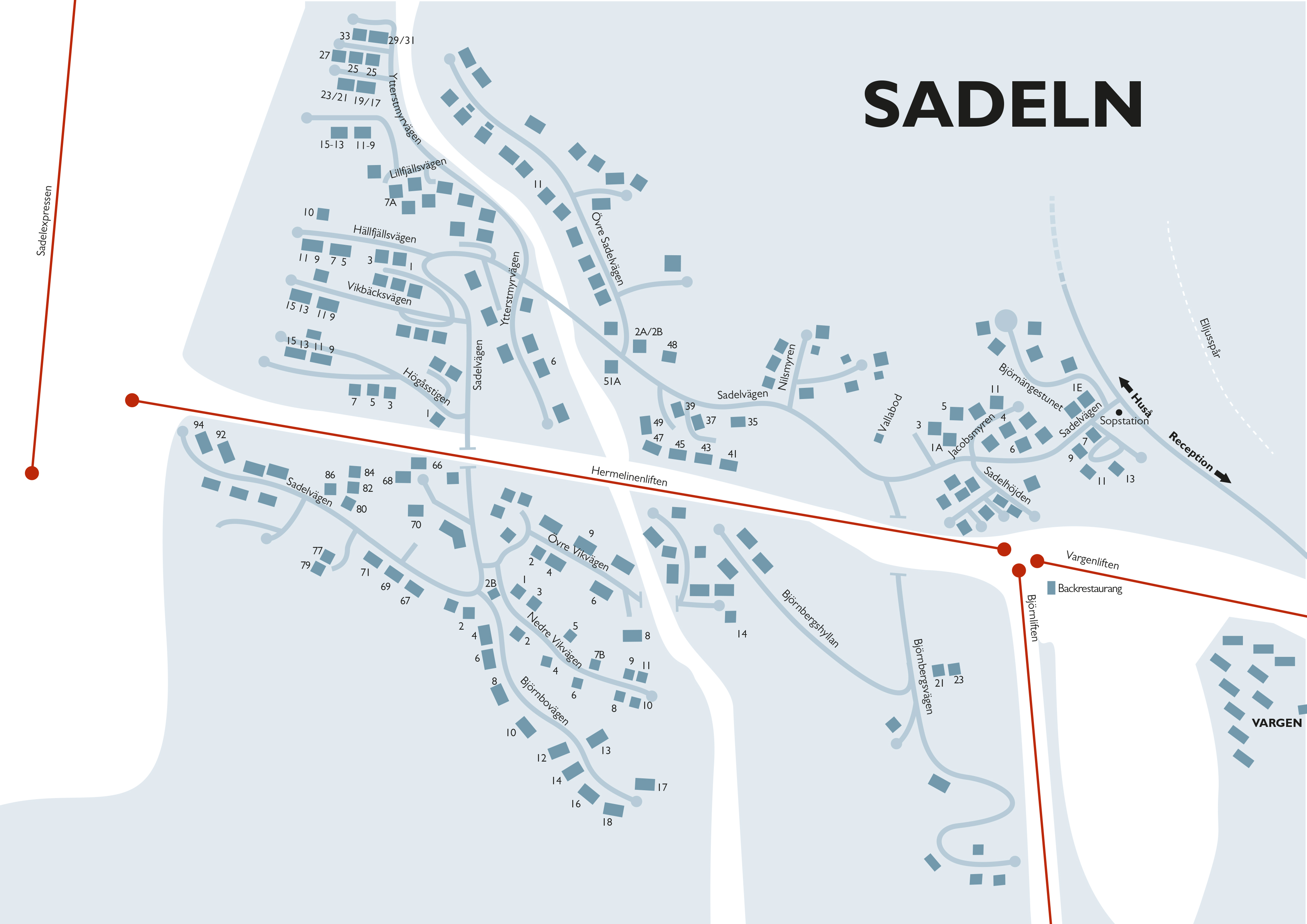 Map of the area Sadeln in Sweden, showing roads such as Hermelinvägen, Sadelvägen, and Bäverstigen, including local attractions and buildings