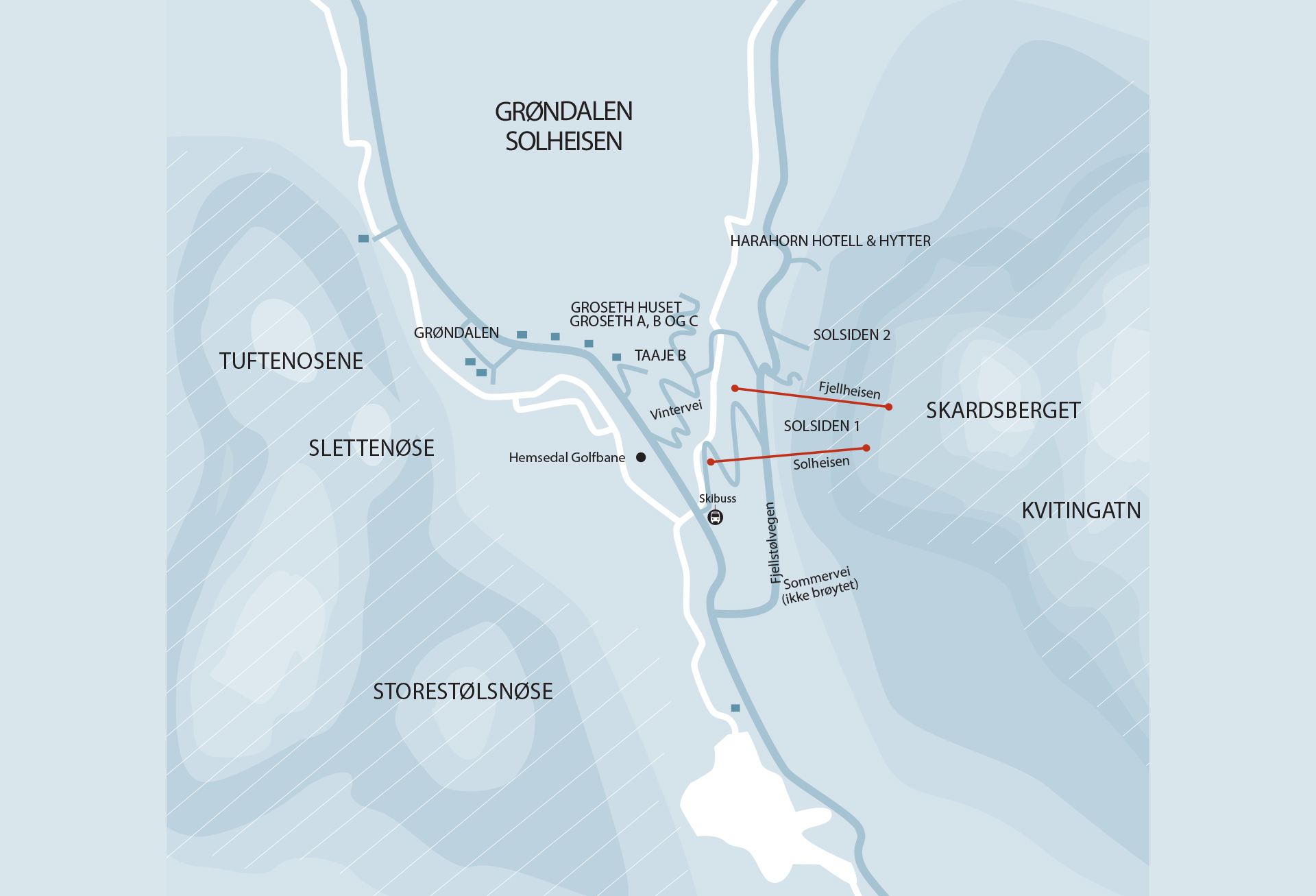 Map of the Solheisen area in Hemsedal, Norway, with marked ski lifts Solsiden 1 and 2, as well as nearby locations such as Grøndalen, Tuftenosene, and Skardsberget