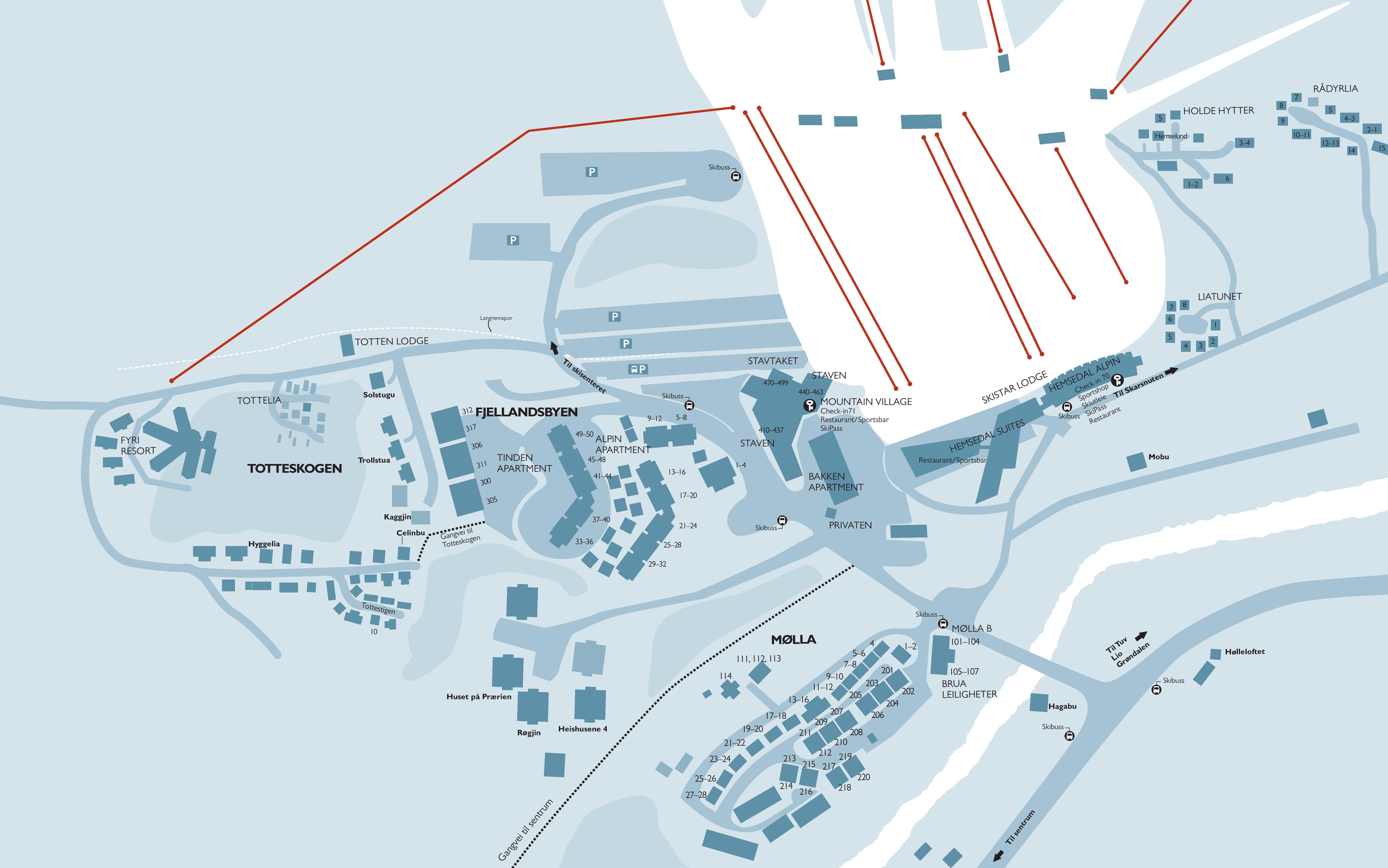 Map of a ski area with slopes, accommodations, and facilities marked. Ski slopes are shown with red lines, and various place names like Totteskogen, Fjellandsbyen, and Skistar Lodge are indicated