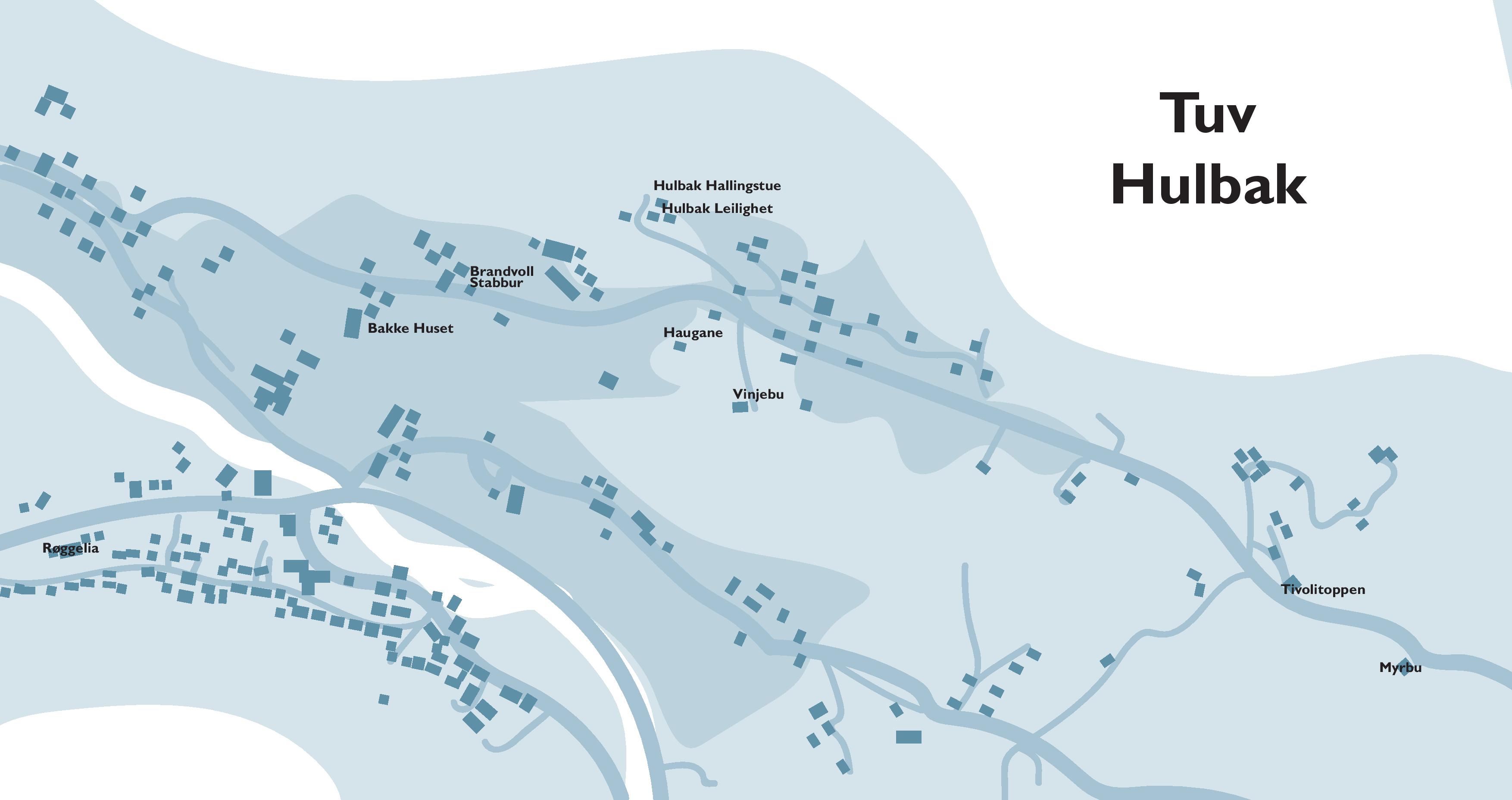 Map of Tuv and Hulbak in Norway with locations such as Brandvoll Stabbur, Bakke Huset, Hulbak Hallingstue, and Myøbu marked