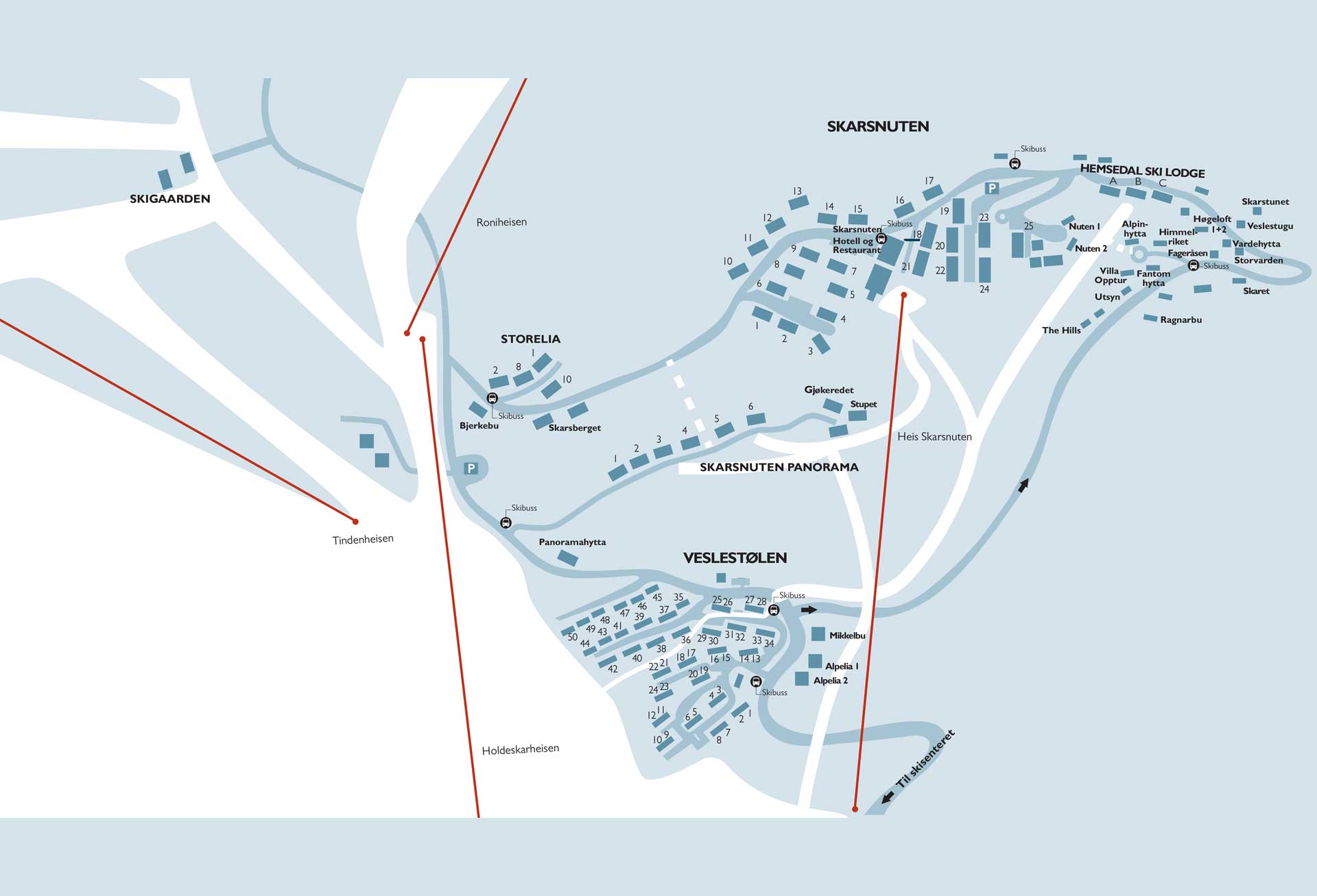 A ski map of Hemsedal with areas such as Skigaarden, Skarsnuten, and Veslestølen marked. Lifts and roads are shown, including Tindenheisen and Holdeskarheisen. Skarsnuten Hotel and Hemsedal Ski Lodge are also highlighted
