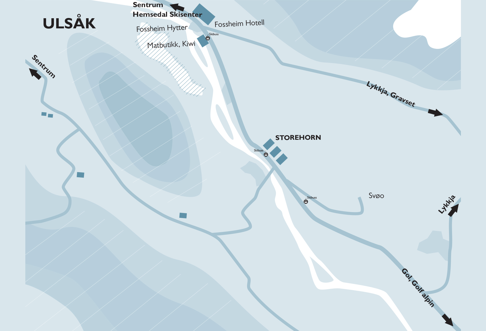 Map of Ulsåk with markings for central locations such as Fossheim Hytter, Hemsedal Ski Center, and Storehorn. Roads towards Lykkja and Gol are also shown