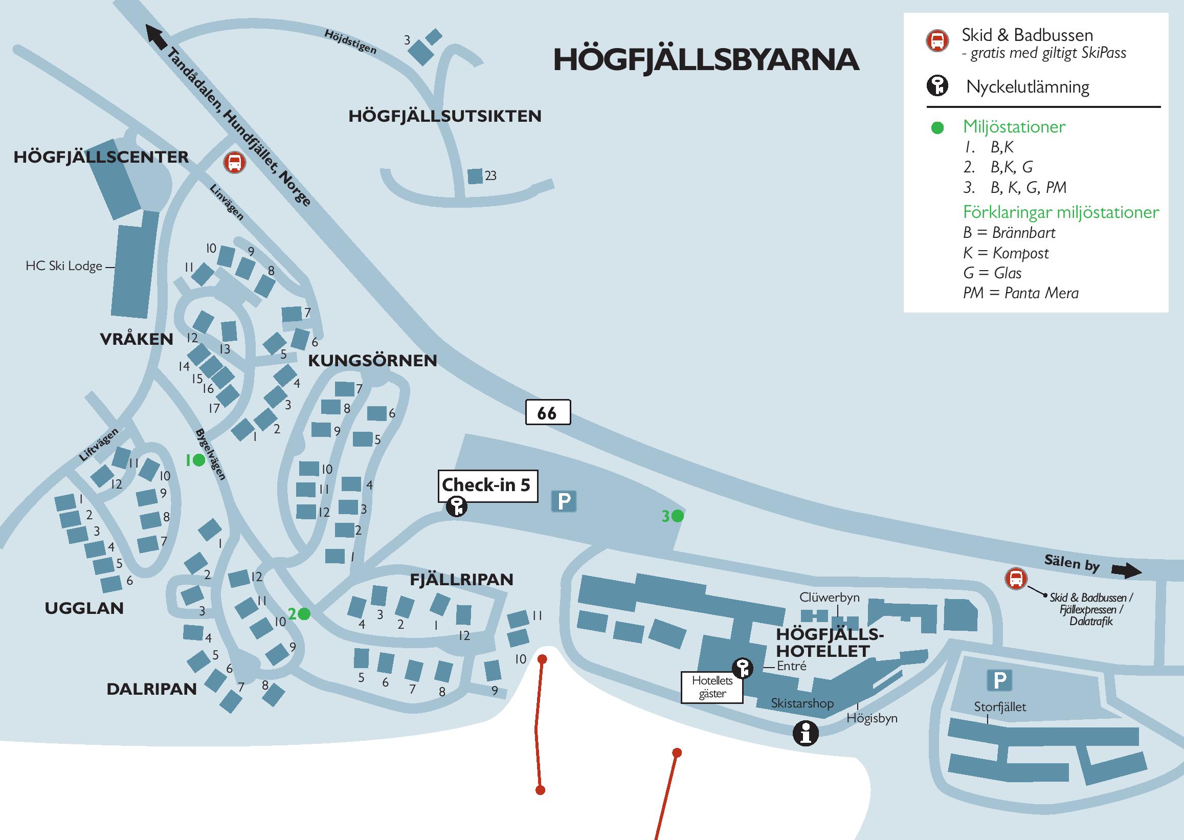 Map of the Högfjällsbyarna in Sälen, Sweden, showing marked recycling stations and important locations such as Högfjällscenter, Högfjällshotellet, and the ski and bath bus. Roads and buildings are clearly marked for orientation