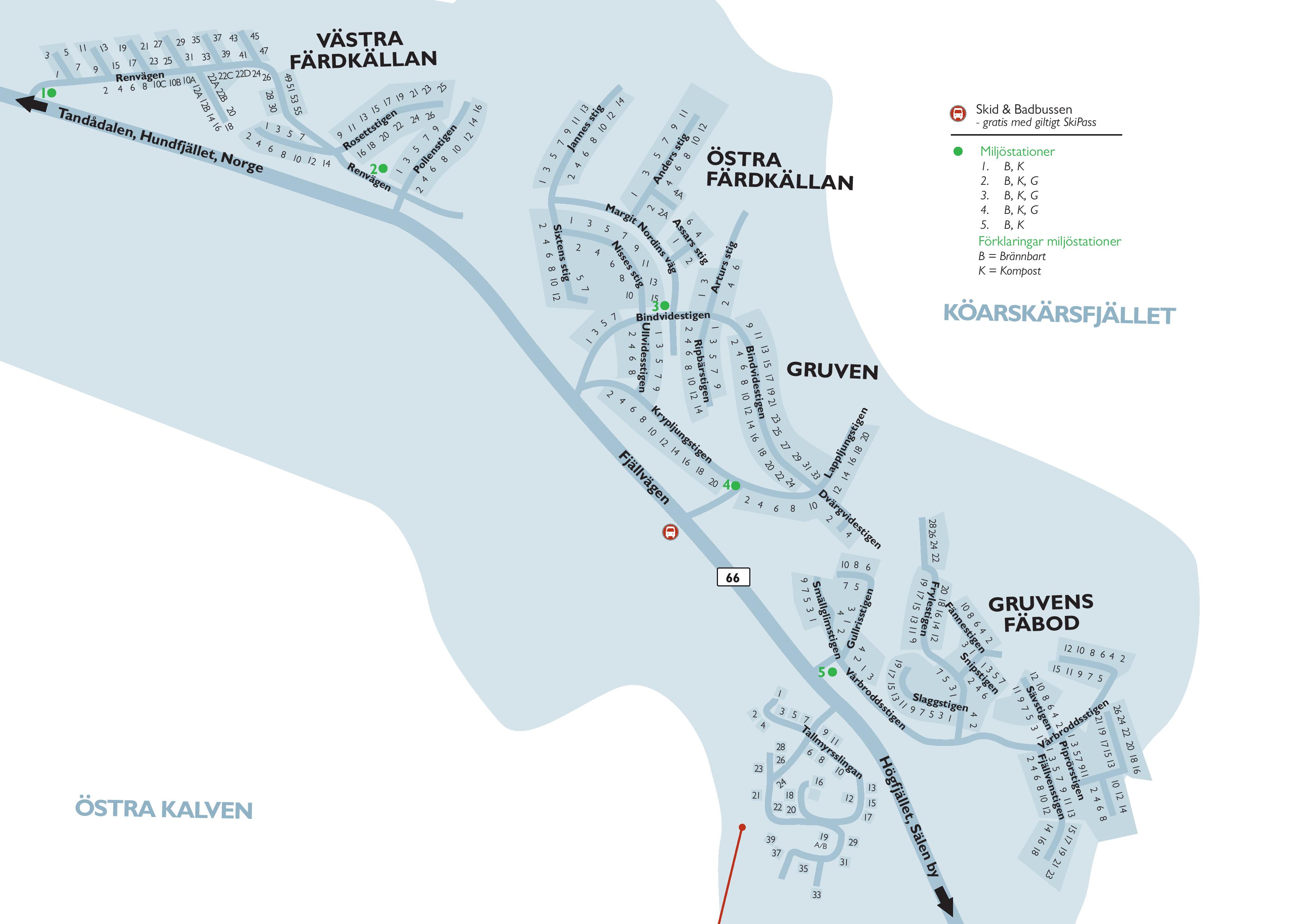 Map of the ski resort in Hundfjället, Sälen, with the areas Västra Färdkällan, Östra Färdkällan, Gruven, and Gruvens Fäbod highlighted. Shows roads like Fjällvägen and Krusvägen, as well as recycling stations and bus stops