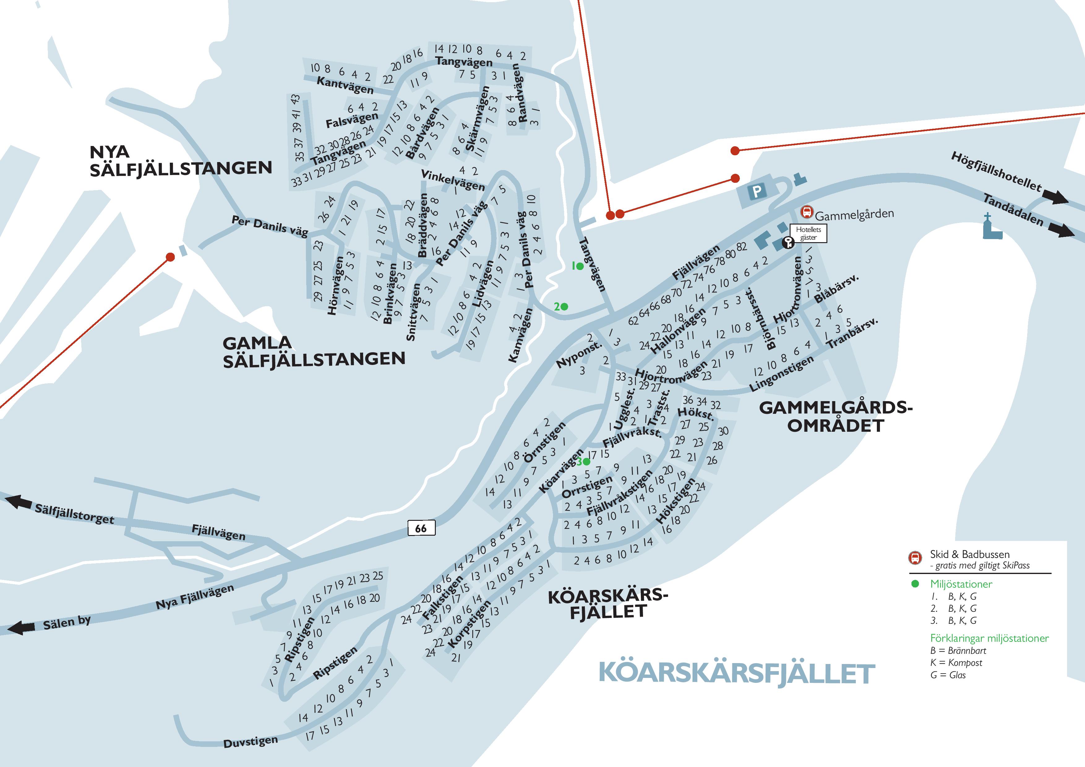Map of Sälfjällstangen and Gammelgårdsområdet in Sälen, Sweden, shows street names, numbers, and recycling stations. Emphasizes area orientation near Högfjällshotellet and Köarskärsfjället
