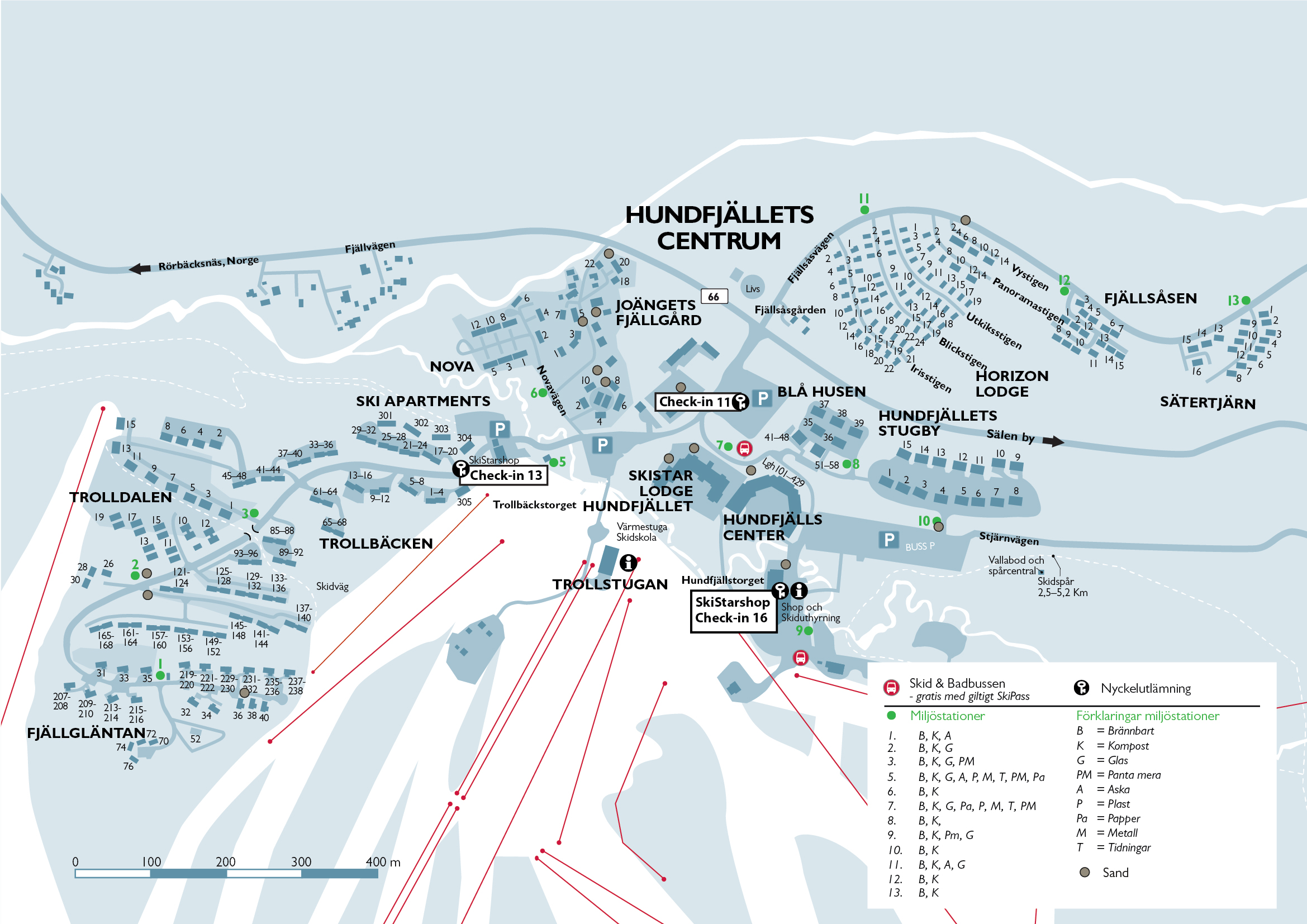 Map of the Hundfjället ski area in Sälen, Sweden, shows accommodation complexes such as Trollbäcken, Trollstugan, and Hundfjället Center. Includes locations like Ski Apartments, Nova, and SkiStar Lodge. Shows ski slopes, lifts, and check-in points, with parking areas marked