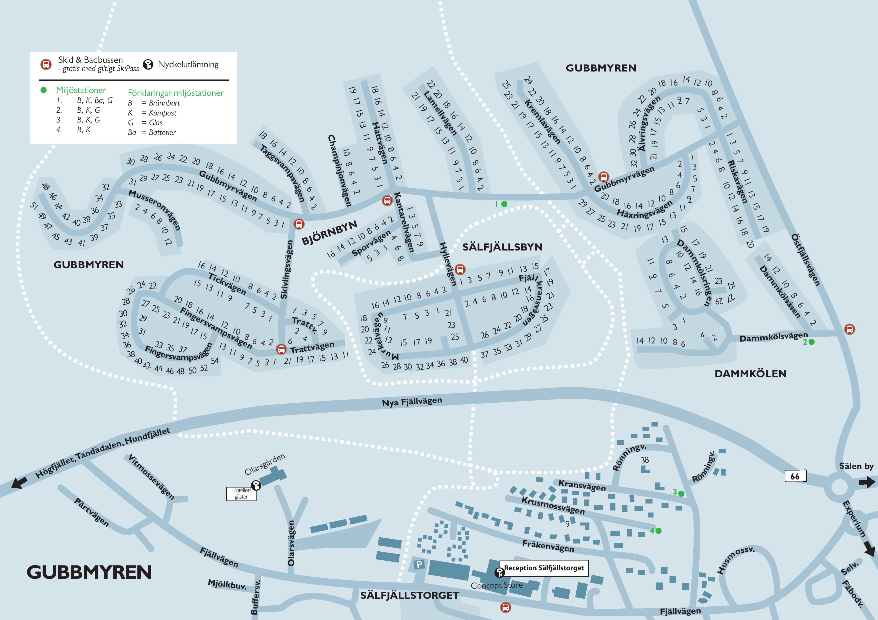 Map of the Sälen area with marked areas: Gubbmyren, Björnbyn, and Sälfjällsbyn. Environmental stations and bus stops are indicated