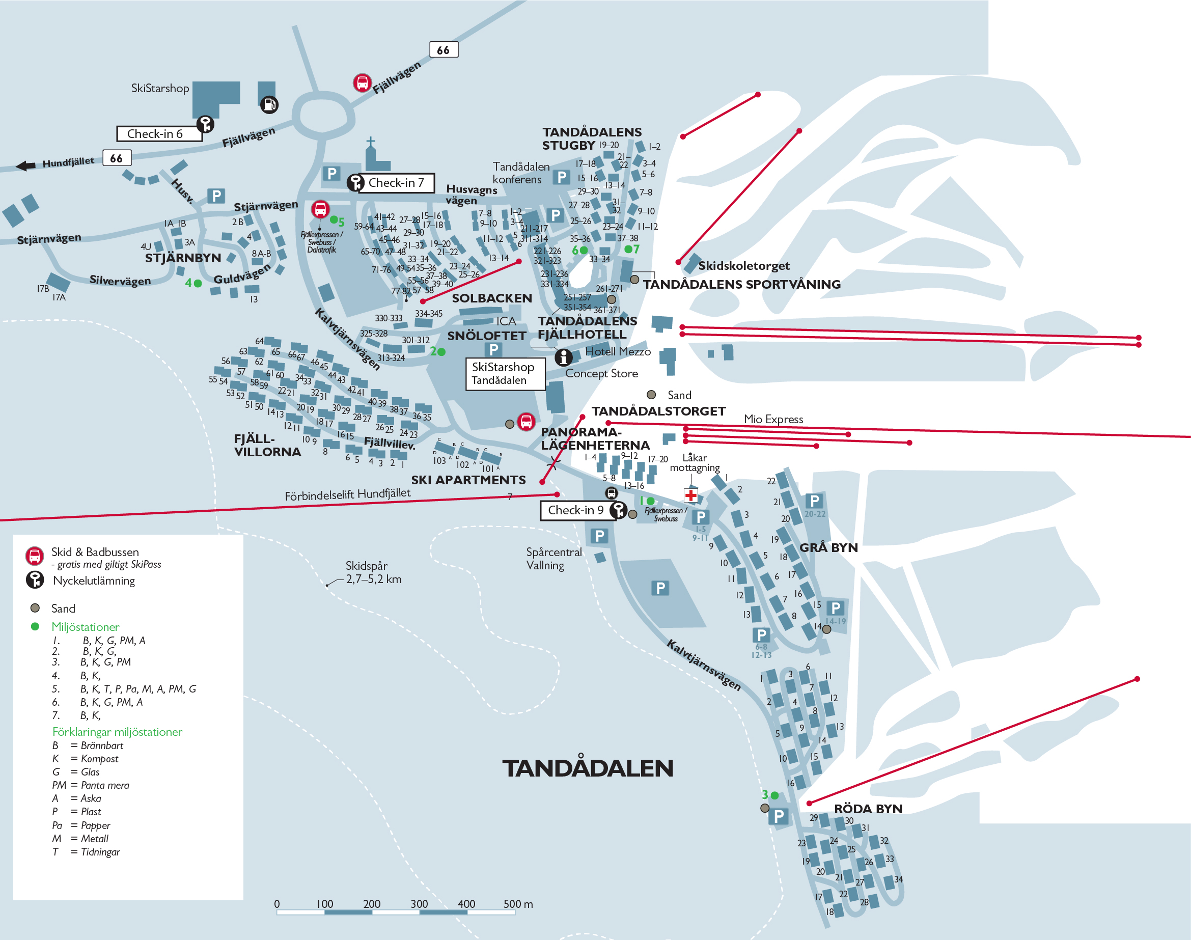 Map of Tandådalen, Sälen, Sweden, showing accommodations, ski areas, and local services like restaurants and shops. Includes areas such as Tandådalens Fjällhotell, Röda Byn, and Grå Byn with ski and pool bus routes marked