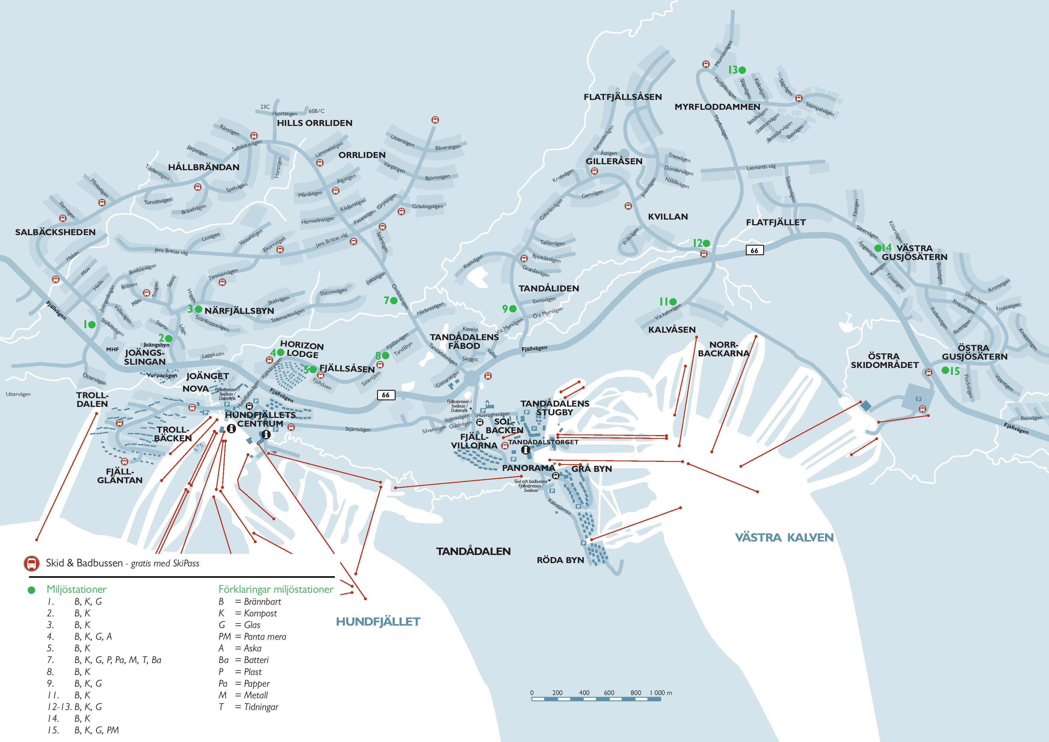 Map of Hundfjället and Tandådalen with ski slopes and environmental stations marked. Areas such as Hallbrändan, Orrliden, and Flatfjällsåsen are visible. Free ski and swim buses are offered with the SkiPass