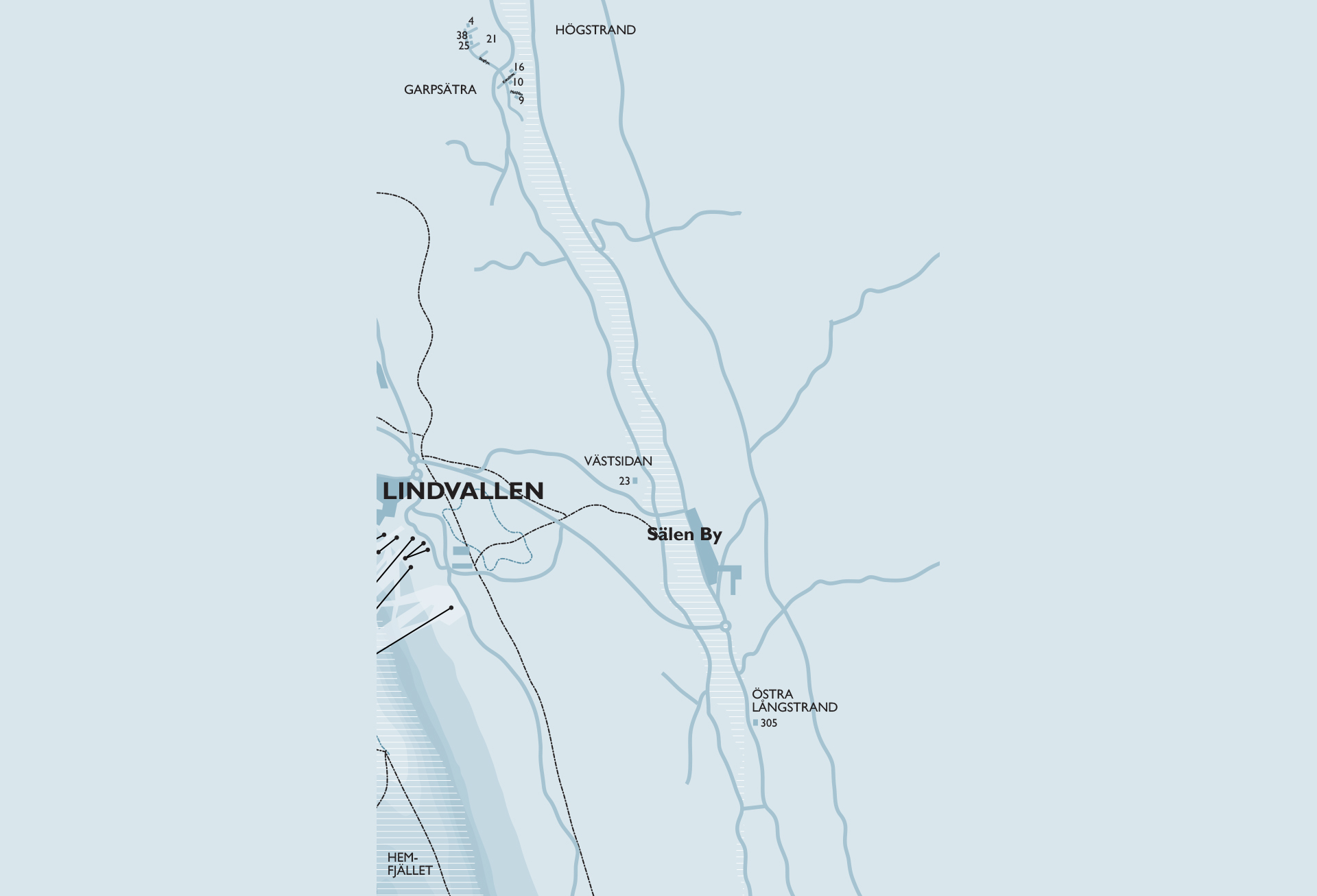 Map of the Sälen area in Sweden with locations such as Lindvallen, Sälen By, Garpsätra, and Östra Långstrand marked